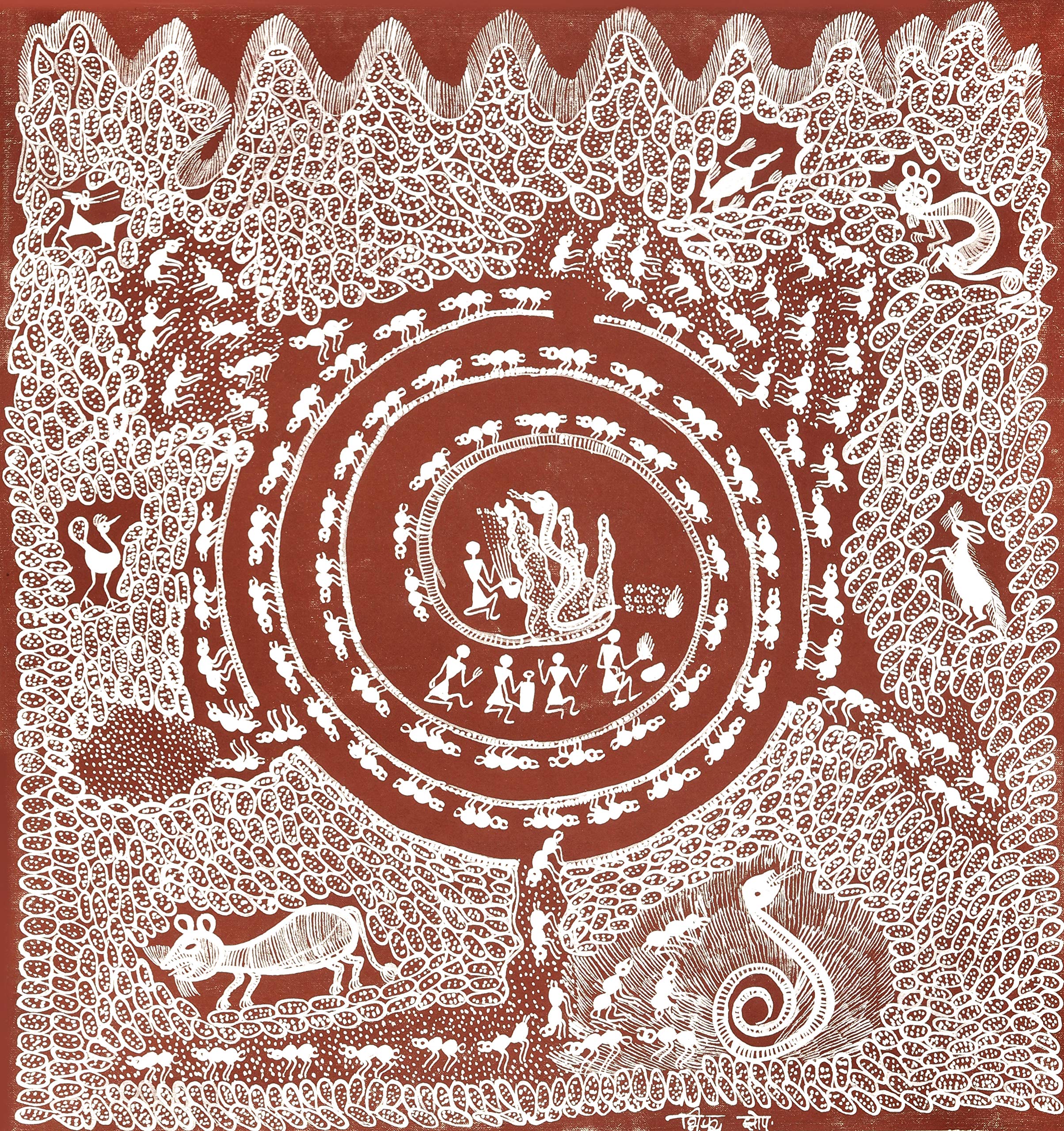 Buy Naag Panchami Pooja in Jungle Warli Painting On Cotton Fabric