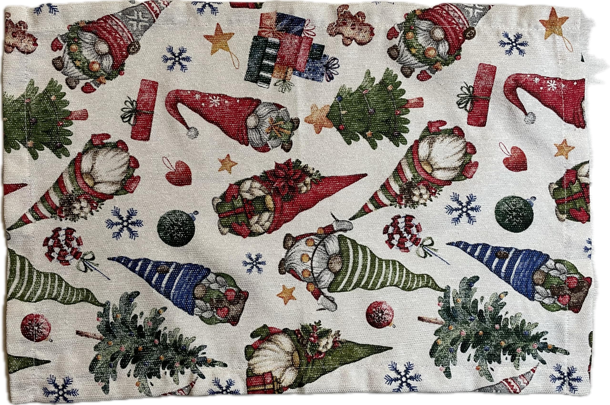 1KDreams Juego de 4 manteles individuales americanos navideños. Gnomos elfos. Lurex efecto purpurina dorada. Shabby Chic en llave moderna. Fabricado en Italia. (Blanco Gnomos, juego 4-30 x 45 cm)