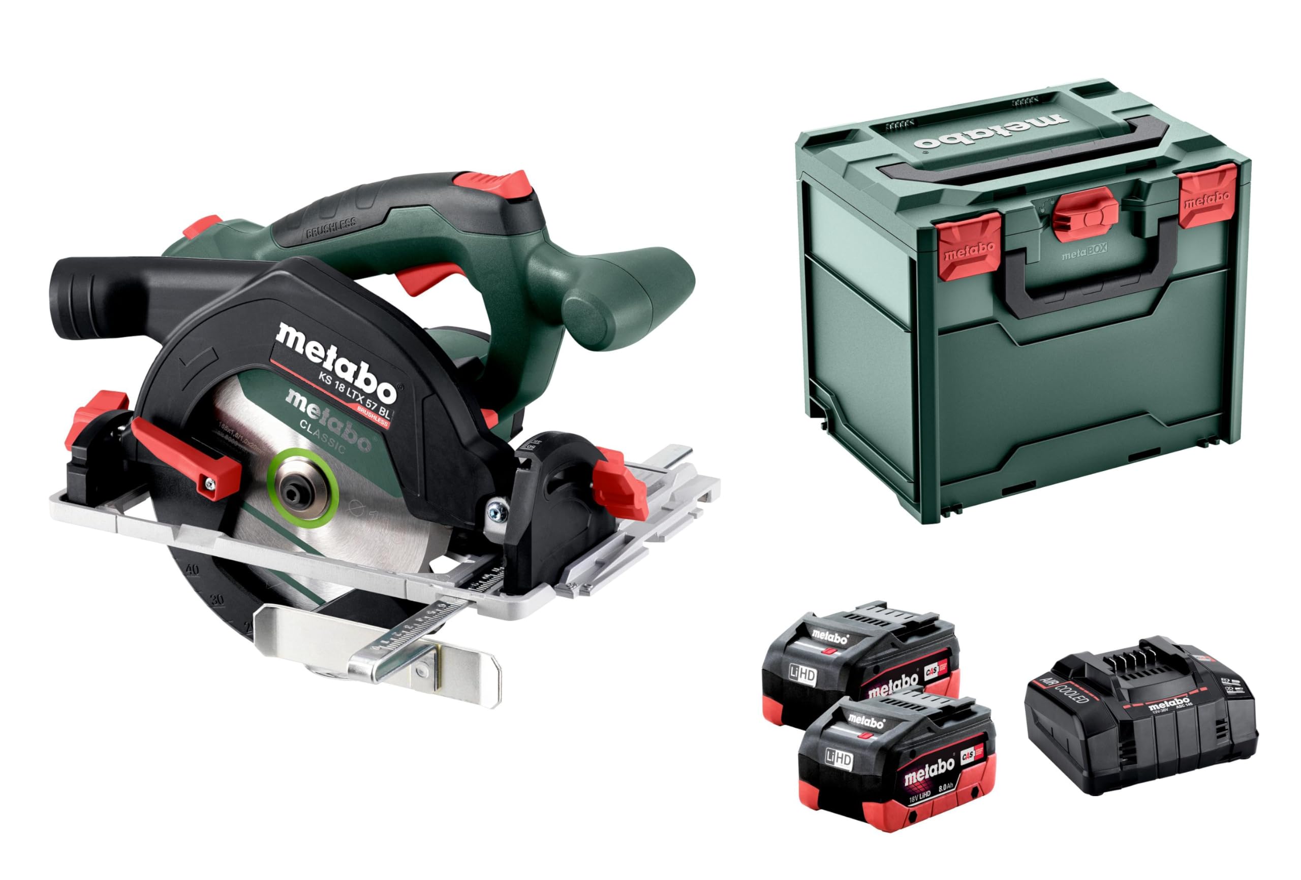 Metabo KS 18 LTX 57 BL, akumulatorowa ręczna piła tarczowa, z silnikiem bezszczotkowym, hamulcem wybiegowym, z MetaBox, prędkość obrotowa biegu jałowego 5000/min 611857810