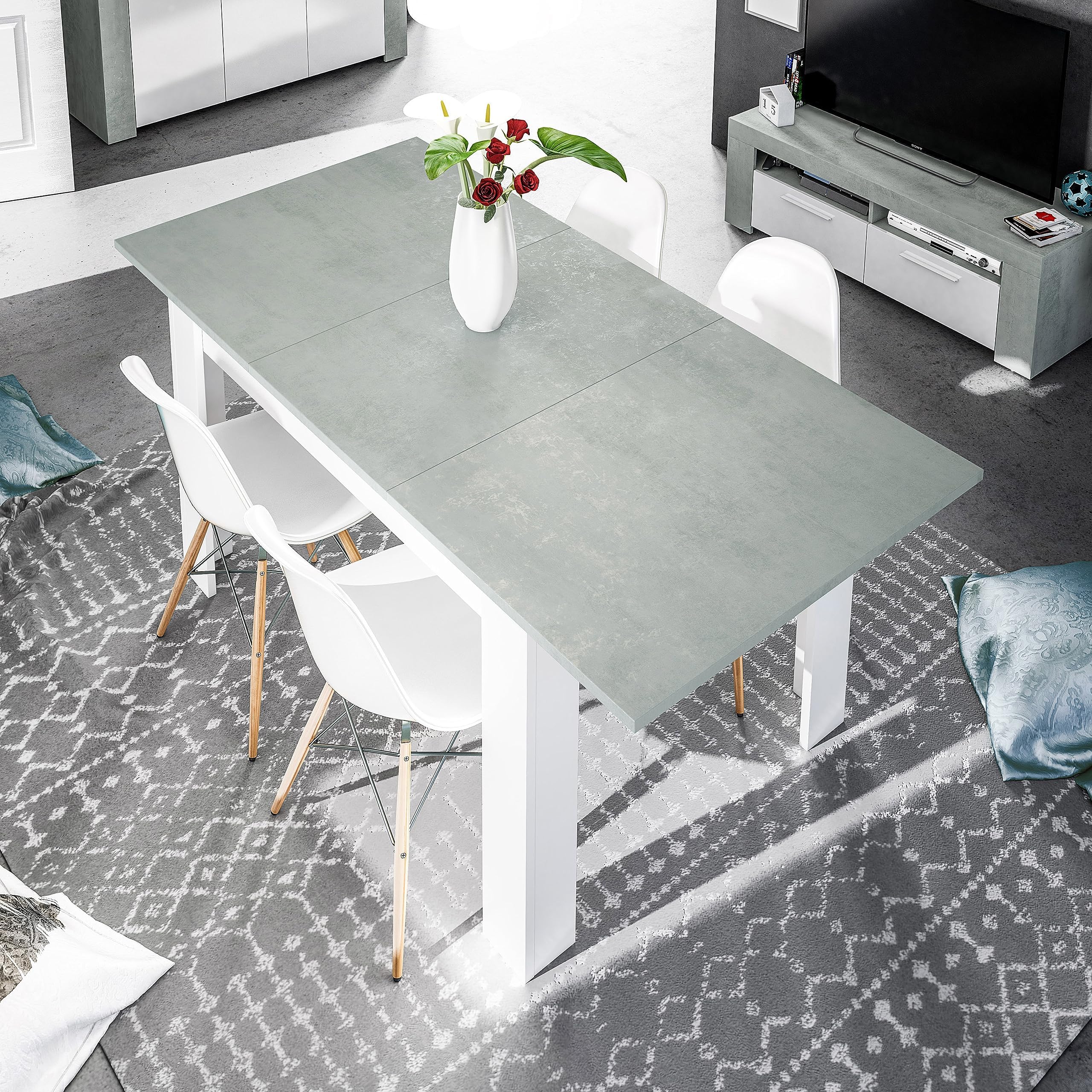 Habitdesign Mesa de Comedor Extensible, Mesa salón o Cocina, Acabado en Color Blanco Artik y Gris Cemento, Modelo Kendra, Medidas: 140-190 cm (Largo) x 90 cm (Ancho) x 78 cm (Alto)