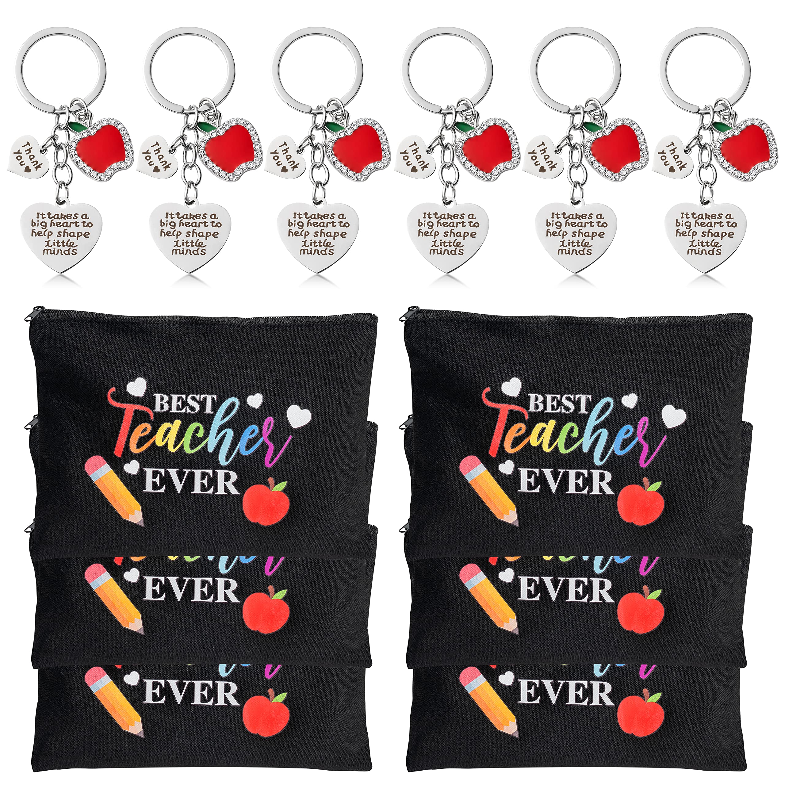 WATINC Teacher Appreciation Gifts Set 6Pcs Thank You Apple Heart Teacher Keychains & 6Pcs Best Teacher Ever Makeup Cosmetic Pencil Bags Happy Teacher’s Day Graduation Present from Students for Women,