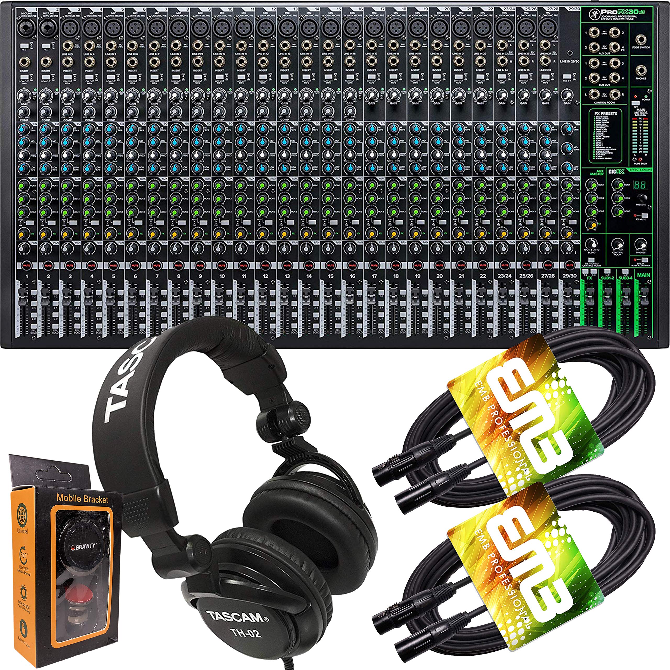Mackie ProFX30v3 30-Channel Mixer with Built-in Effects and USB + Pro Headphone with Pair of EMB XLR Cable and Gravity Magnet Phone Holder Bundle, TH02 (2)+M