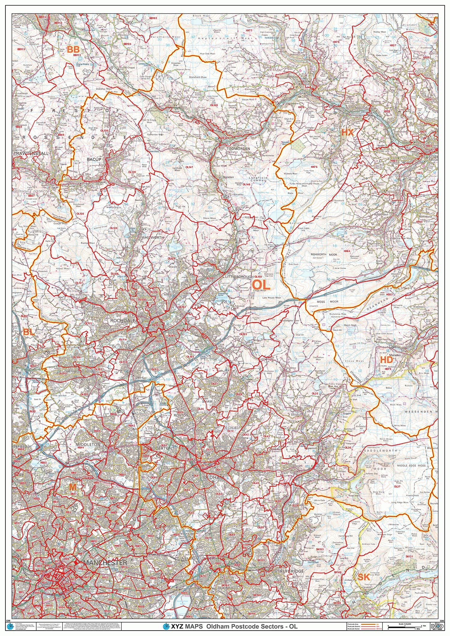Oldham - OL - Postcode Wall Map - Paper : Amazon.co.uk: Stationery ...