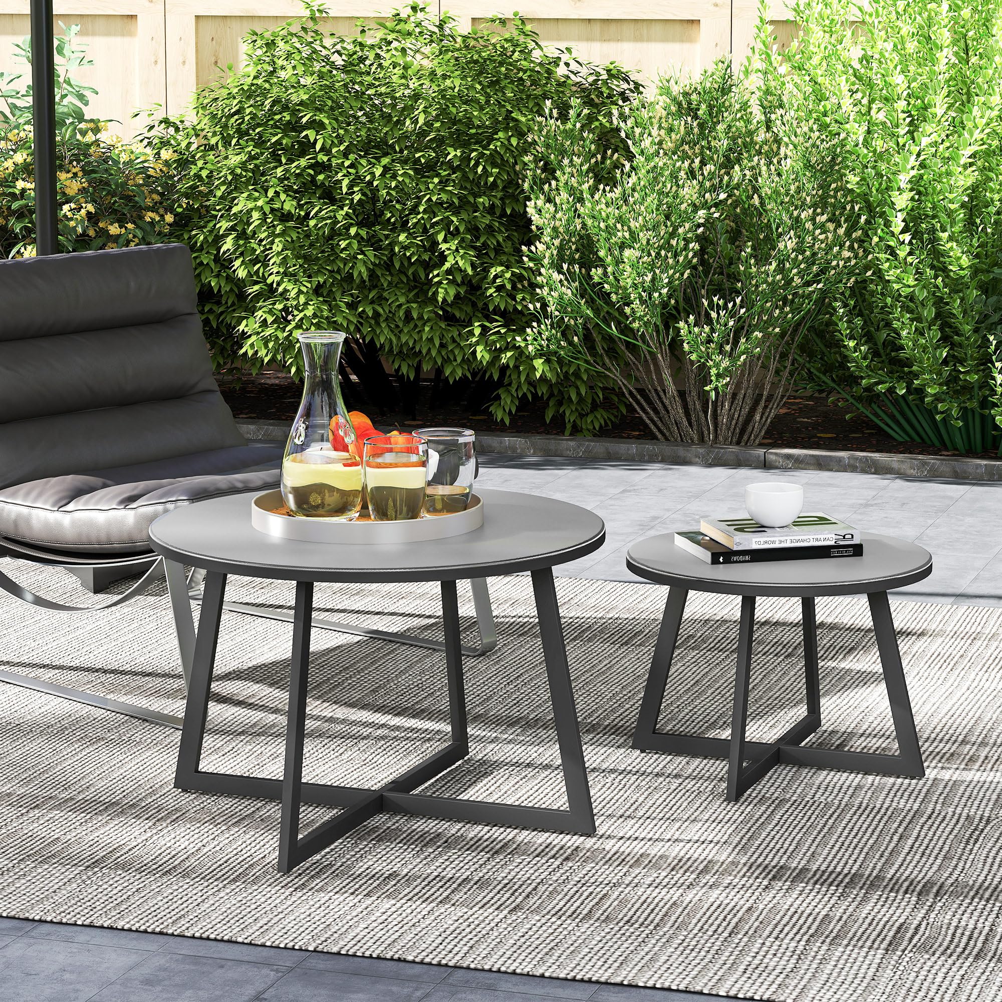 Outsunny Set 2 Tavolini da Giardino, Coppia di Tavolini da Caffè per Esterni con Piano in Vetro Temperato, Struttura in Acciaio, per Balcone e Terrazzo, Ø70x45 cm e Ø50x35 cm, Grigio e Nero
