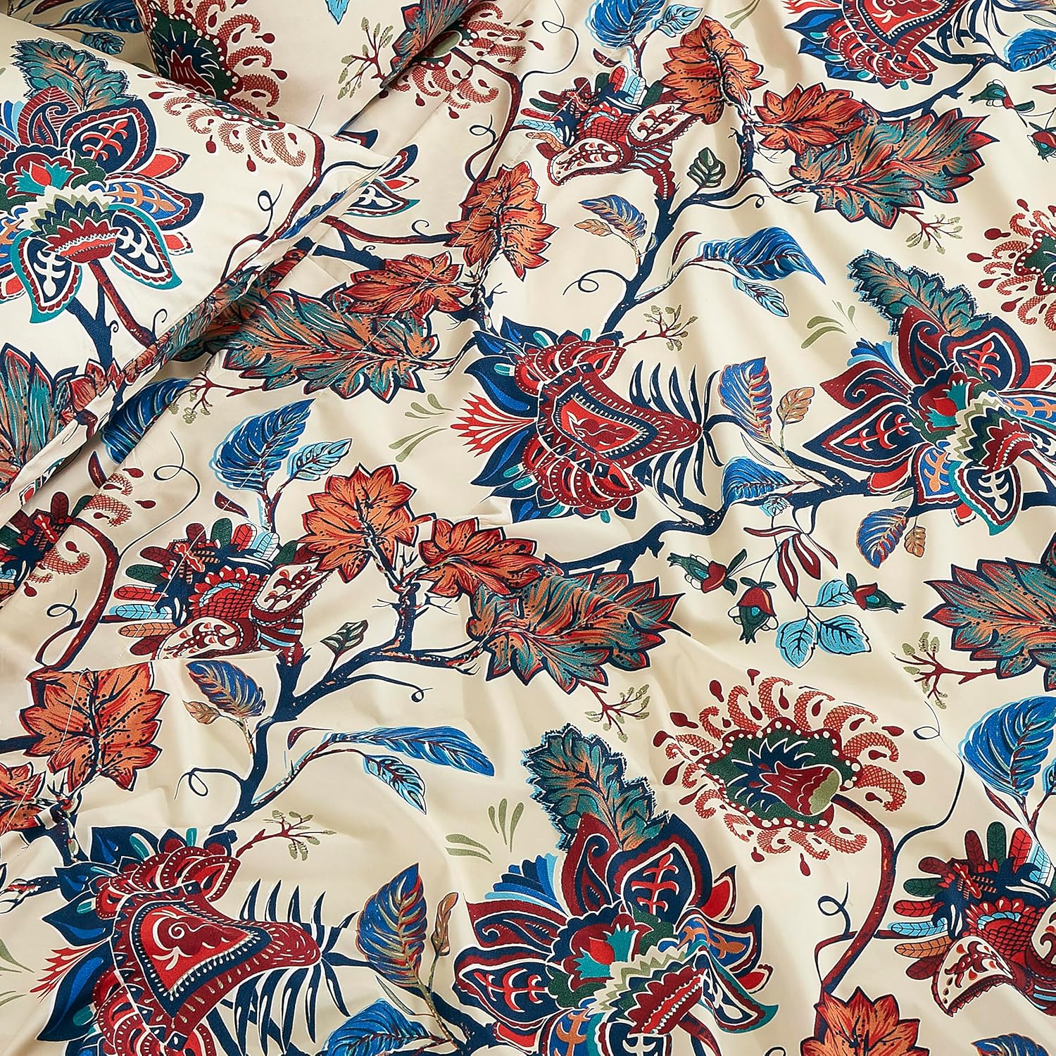 Chezmoi Collection Paradise 4-Piece Floral Bed Sheet Set - Multicolor Blue Red Orange Cream Printed Microfiber 14-Inches Deep Pocket Sheets & Pillowcases Set, King