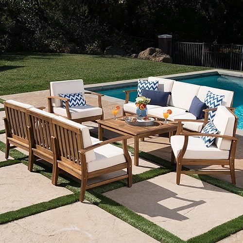 Miniatura 2 de GDFStudio Juego de sofá doble y silla de club de madera de acacia con acabado de teca de 8 plazas con cojines resistentes al agua color crema