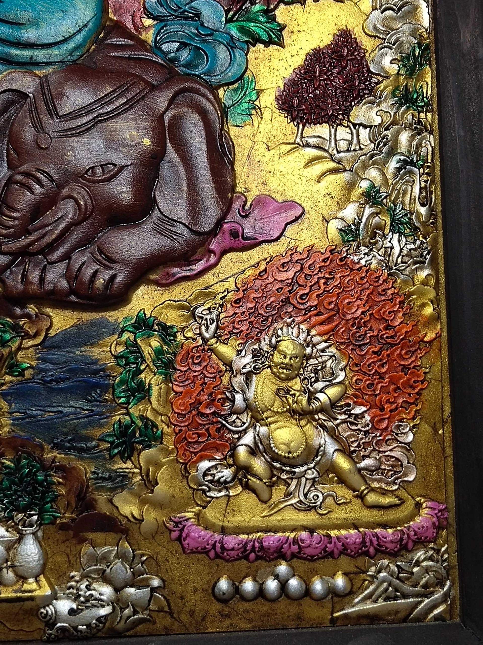 Home Decor 28" Tibet Buddhism Old Bronze Wooden Frame Painted Thangka Samantabhadra Statue Worship Amulets ThangkasStatue SurongL
