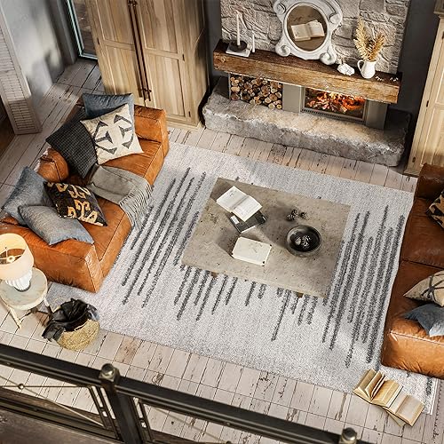 Miniatura 5 de JONATHAN Y Aya Berber - Alfombra de interior geométrica de rayas cremagris, 5 x 8 pulgadas, contemporánea, moderna, fácil de limpiar, para sala de