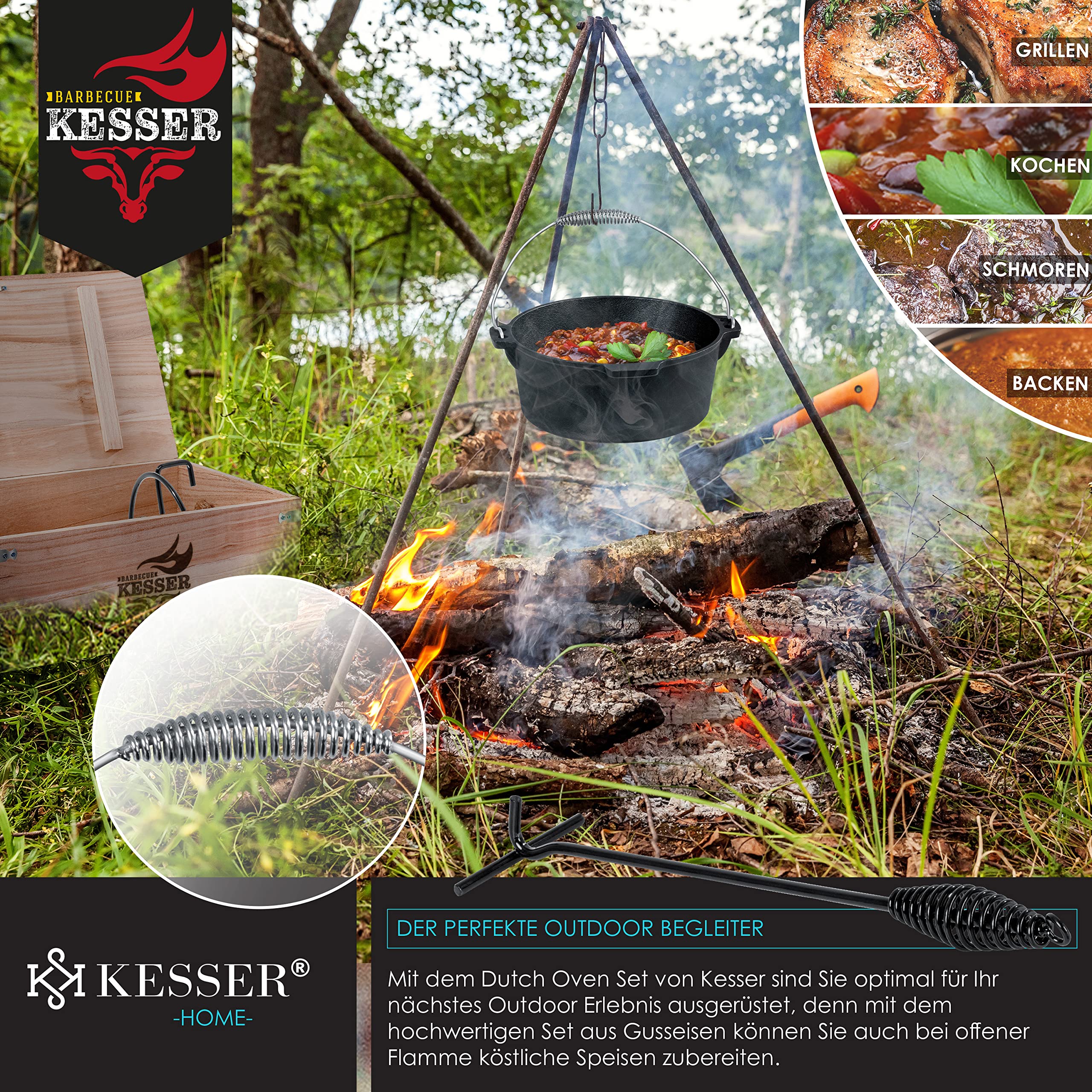 KESSER Dutch Oven Set 12 pièces en fonte avec caisse en bois, gaufrier, plaque de gril et poêle