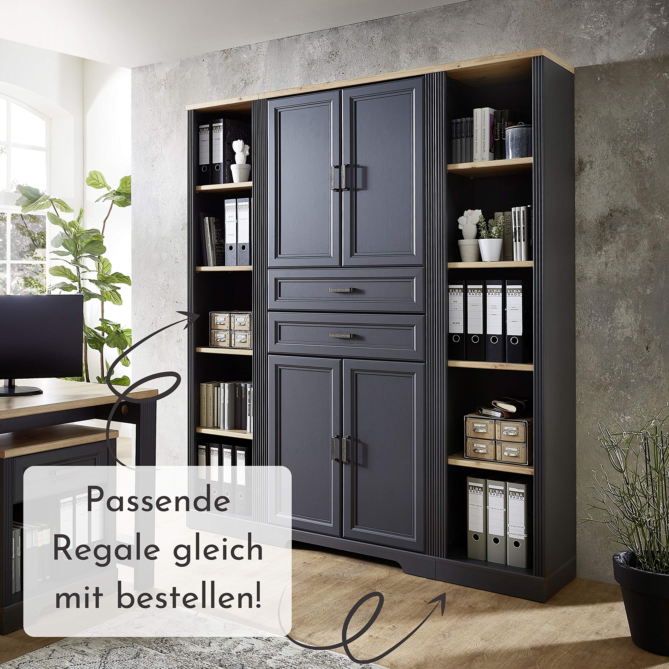 Stella Trading JASMIN Büroschrank in Graphit, Artisan Eiche Optik - Aktenschrank mit Schubladen und Türen - Landhausstil Büromöbel Komplettset - 86 x 204 x 38 cm (B/H/T)