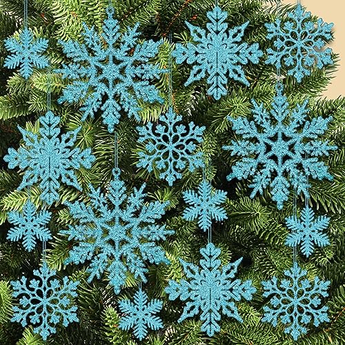 KatchOn, Adornos de copo de nieve azules para árbol de Navidad, grande, paquete de 36 unidades, decoraciones de copo de nieve colgantes con