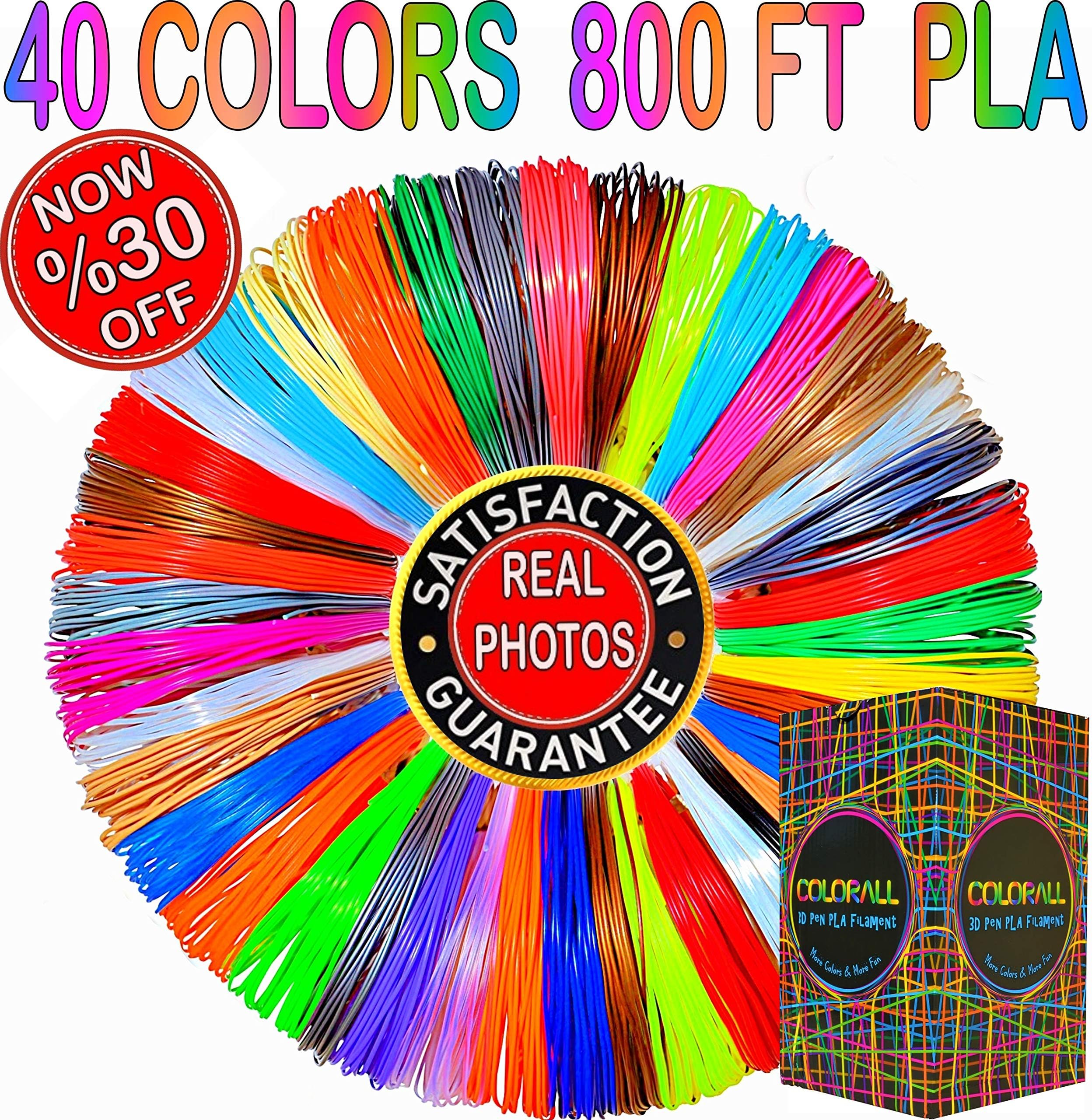 3D Pen Filament Refills 1.75mm PLA 40 Colors Total 800 Feet (23 Solid / 5 Metallic / 4 Fluo / 4 Transparent / 2 Silk / 2 Glow)- Mega Gift Set with Individual Packs