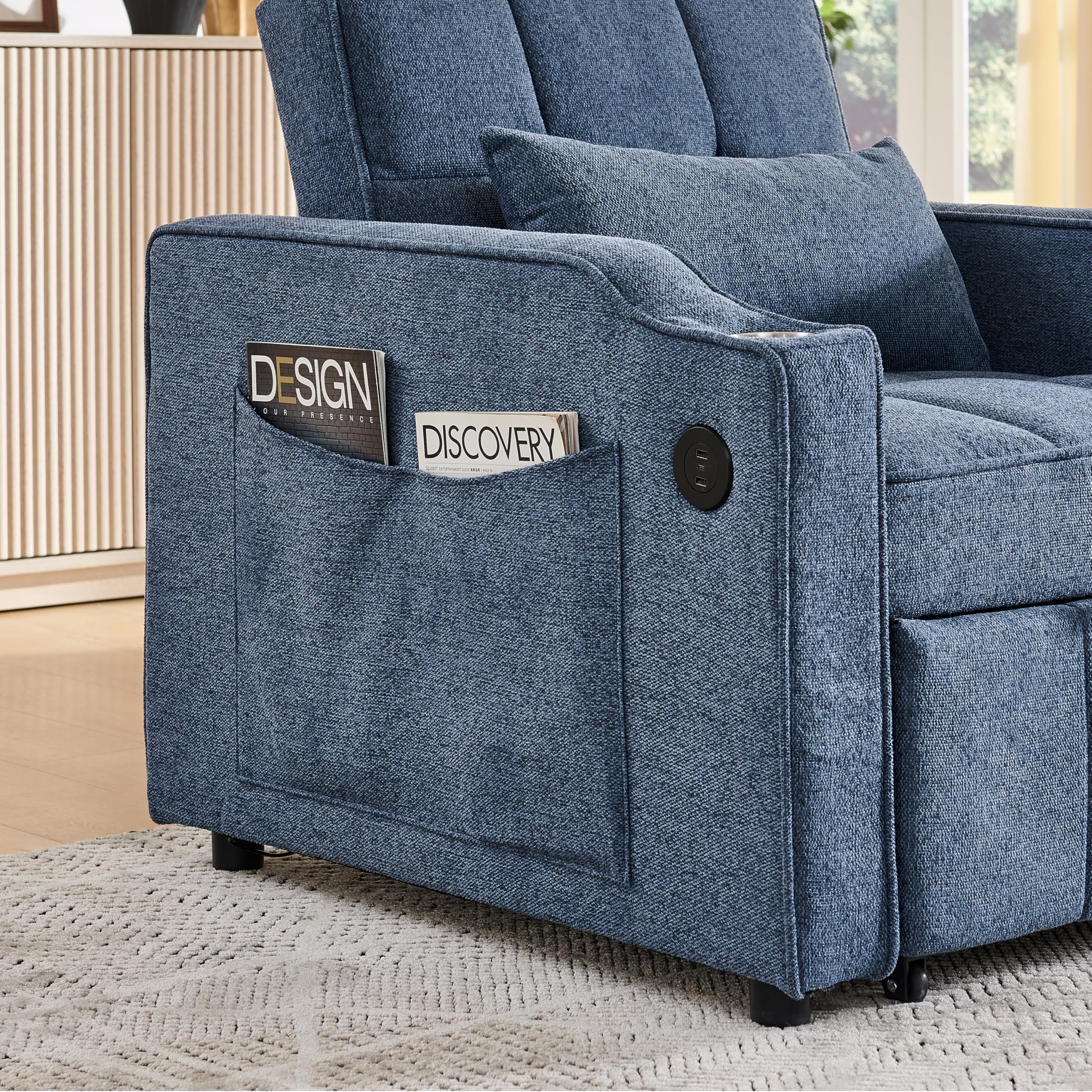 Generisch 3-in-1 Schlafsessel Marineblau 190cm Liegefläche mit USB/Type-C Anschluss, Edelstahl-Getränkehalter, 3-stufig Verstellbarer Rückenlehne, Seitentaschen, Schlafsofa für kleine Räume & Gäste