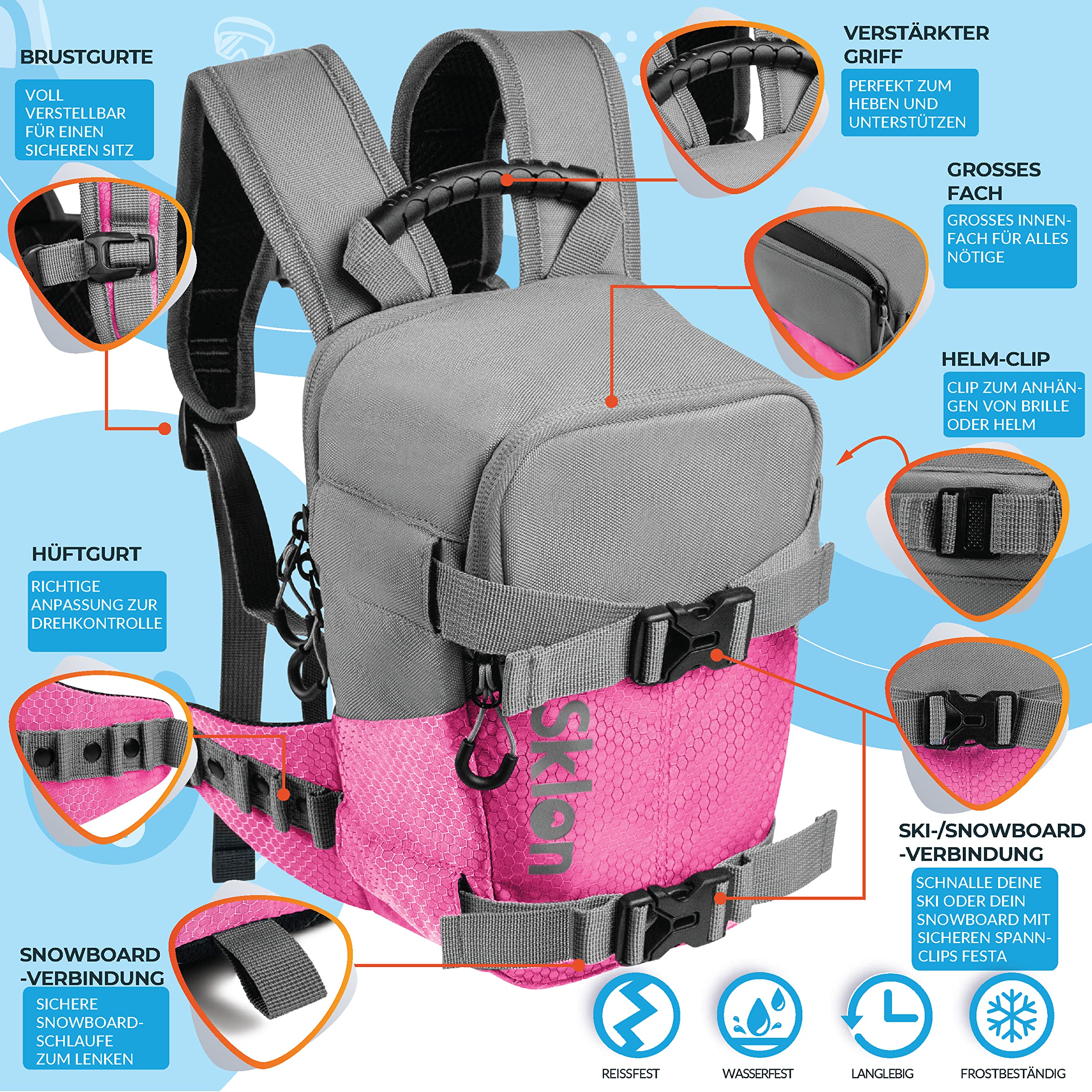 Sklon Kinderrucksack mit Sicherheitsleine für das Ski- und Snowboardtraining – Bringen Sie Ihrem Kind die Grundlagen des Skifahrens und Snowboardens bei