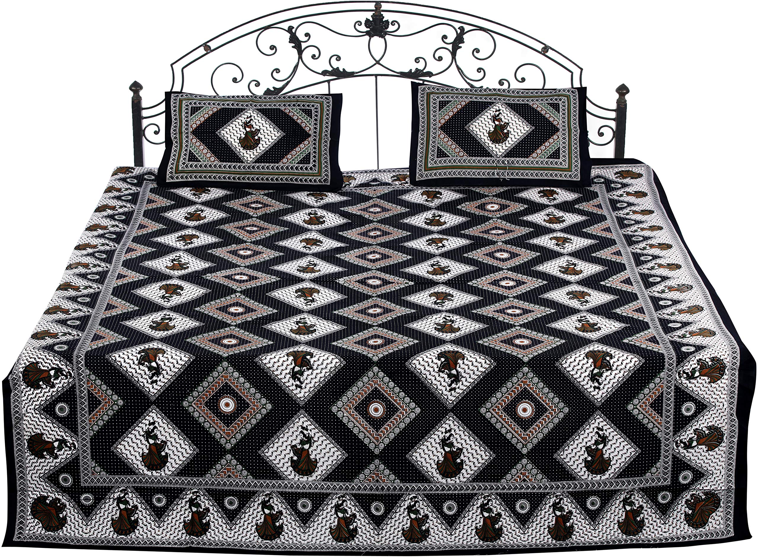 Exotic India Bedspread from Jaipur with Printed Rhombus and Dancing Lady - Pure Cotton with Pillow C-image-14