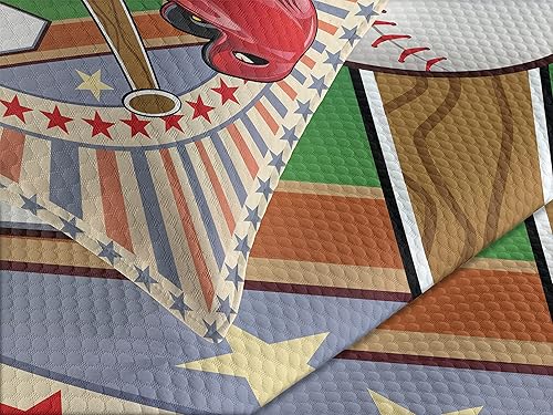 Miniatura 3 de Ambesonne Colcha de béisbol, diseño retro de arte pop de softbol, logotipo de softbol, diseño de rayas verticales, estampado de juego de murciélago