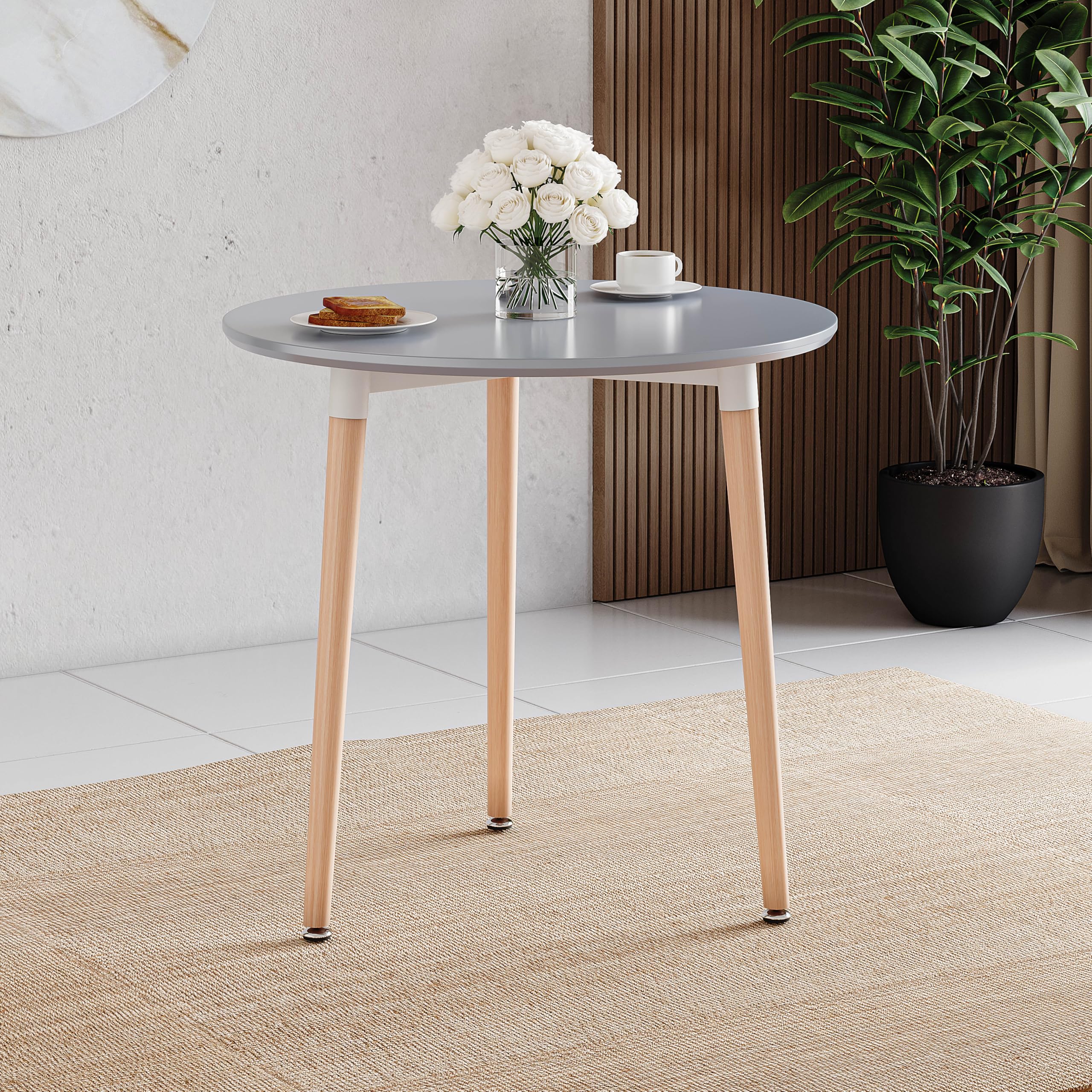 Vida Designs Batley Round Dining Table, Modern Round Kitchen Table with Natural Beech Wood Legs, Compact Dining table for Small Kitchen & Dining Room Furniture (Grey, 3 Seater)