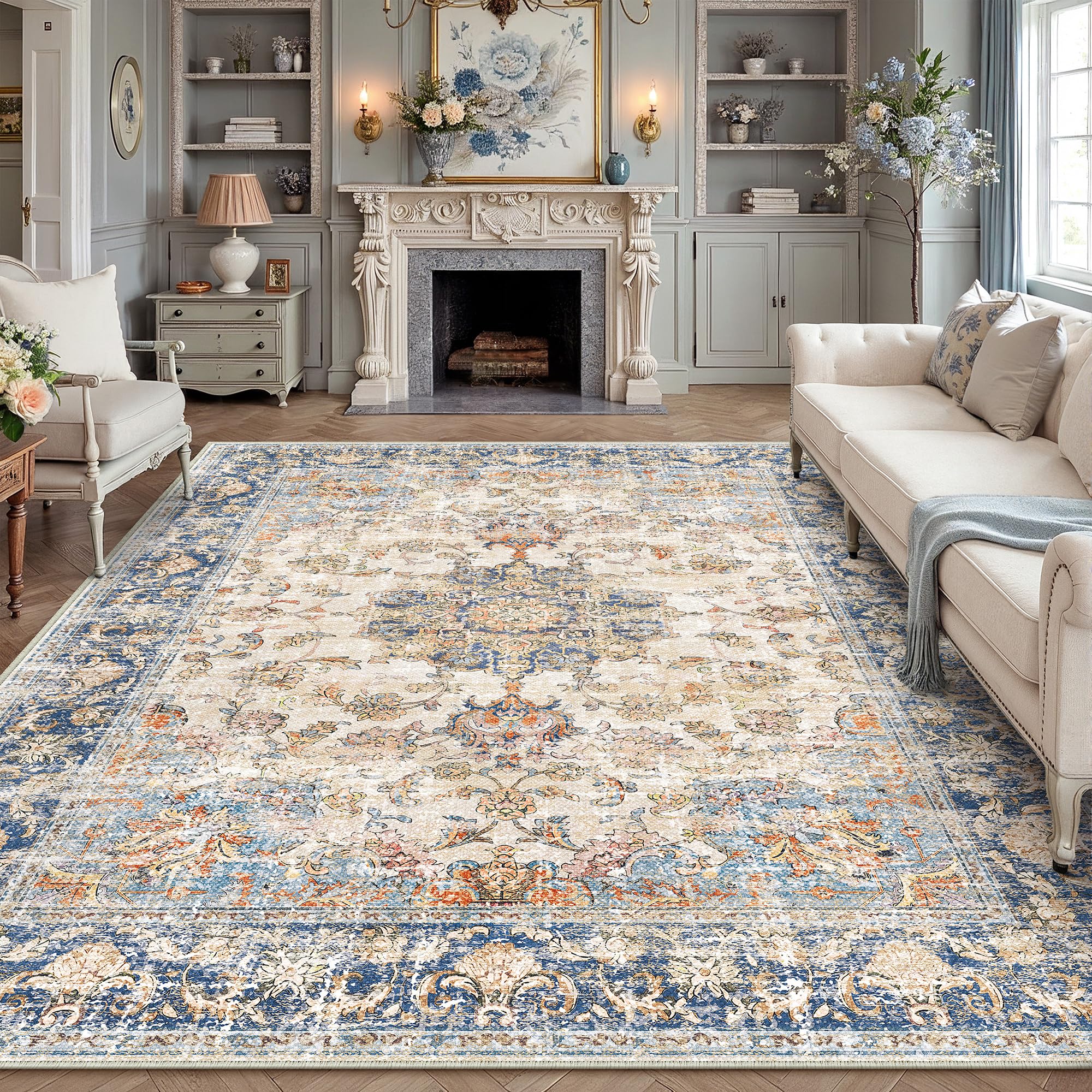 PureCozy Extra Living Room Area Rug, 240x300 cm Machine Washable Blue Non Slip Vintage XXL Rugs for Kitchen Bedroom Dining Room Home Office, Soft Low Pile Carpet for Indoor Home Decor — image 1