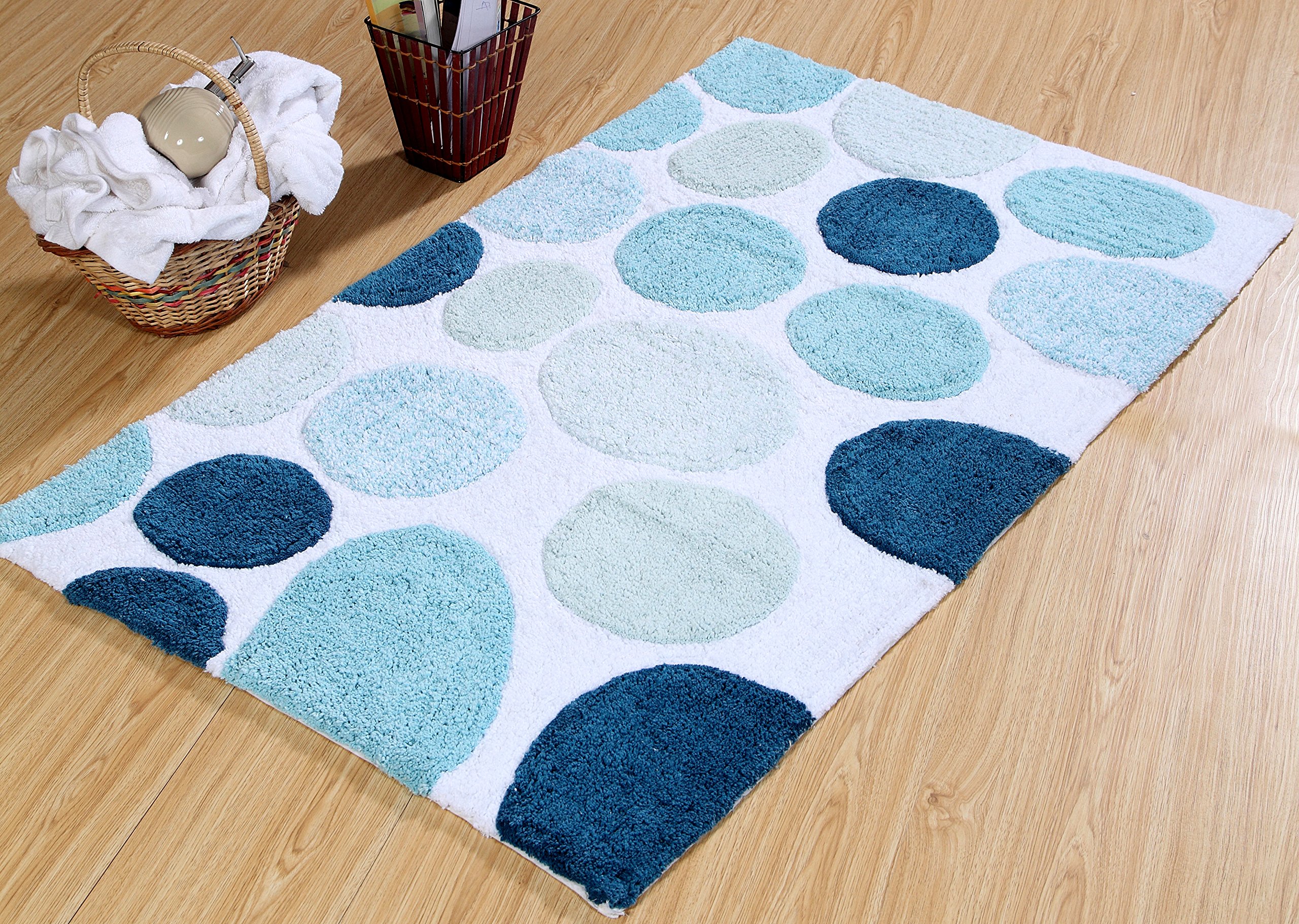 Bath Rug 100% Soft Cotton, Size 50x30 Inch, Latex Spray Non-Skid Backing, Multiple Blue Color Pebble Stone Pattern, Machine Washable