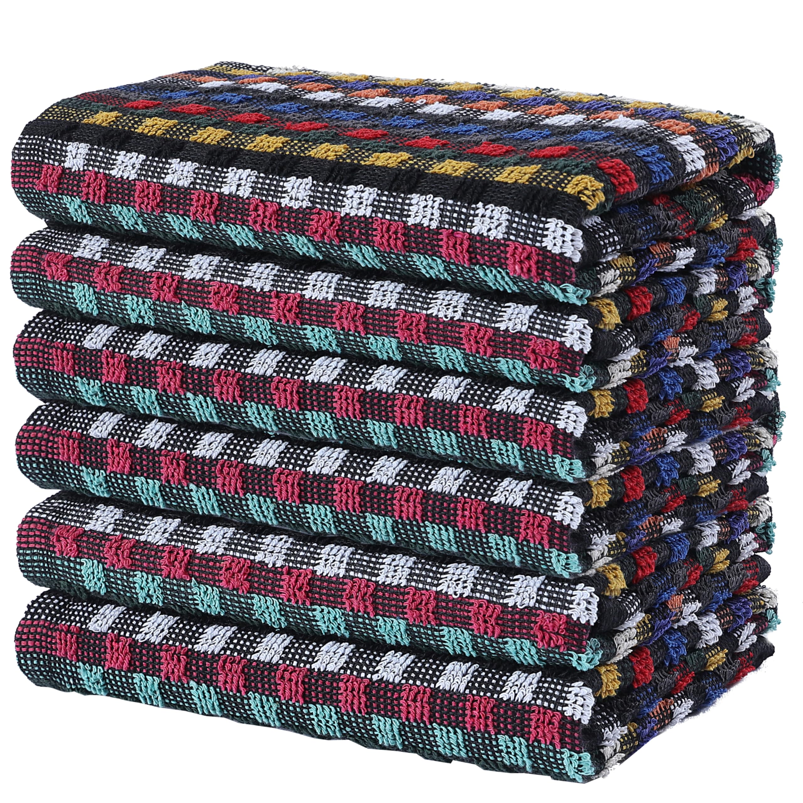 Olivia Rocco 6 Pack Multi Check Terry Tea Towel 100% Cotton Kitchen Towels Super Absorbent Quick Drying Dish Cloths for Home Essential- 6 PK