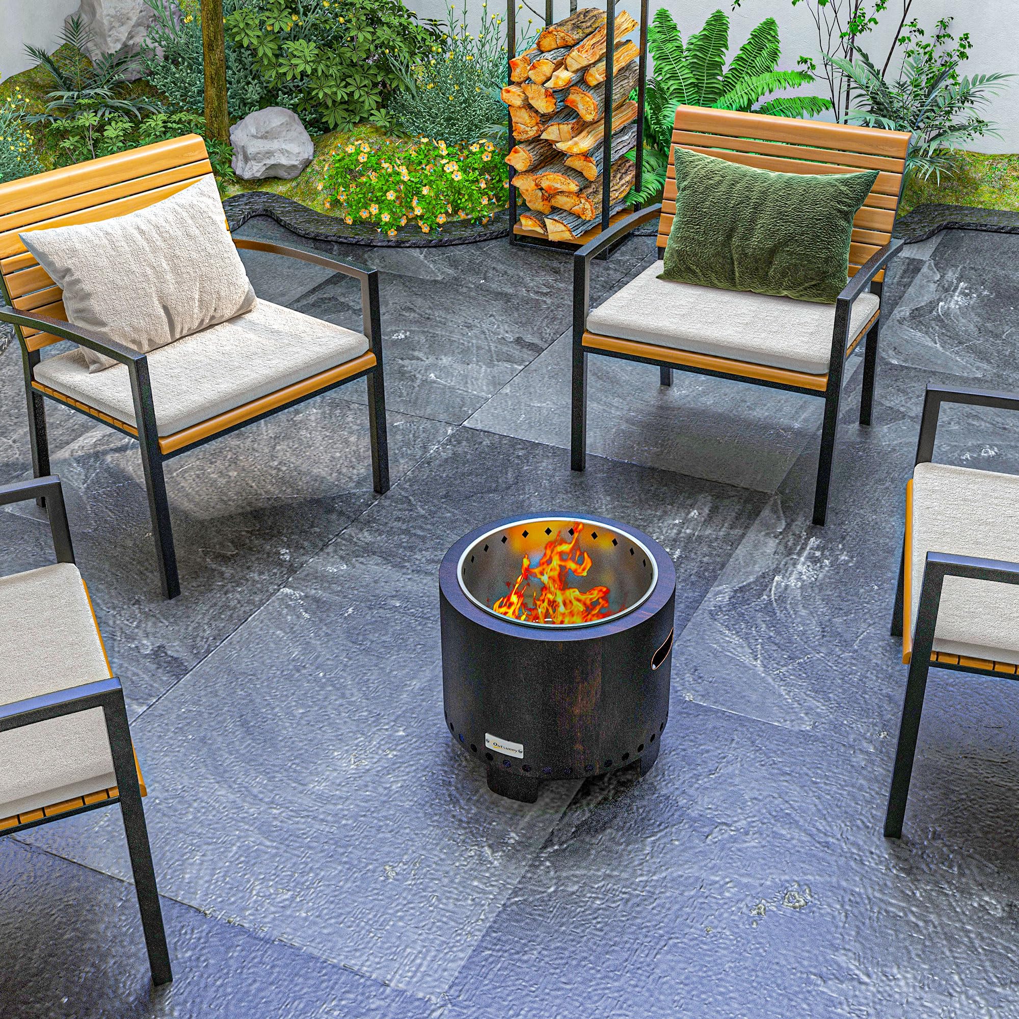 Outsunny Feuerschale Rauchfreier Tischfeuer mit Griff Ø45 cm Schwarz | Schürhaken, Feuerkorb, Feuerstelle, für Garten, Camping, Terrasse, Metall