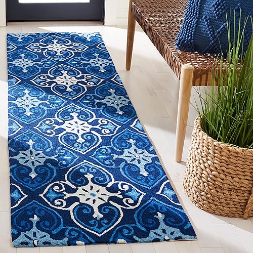 SAFAVIEH Four Seasons Collection FRS232A - Alfombra de pasillo floral enganchada a mano, 2 pies 3 pulgadas x 8 pies, color azul marino/marfil