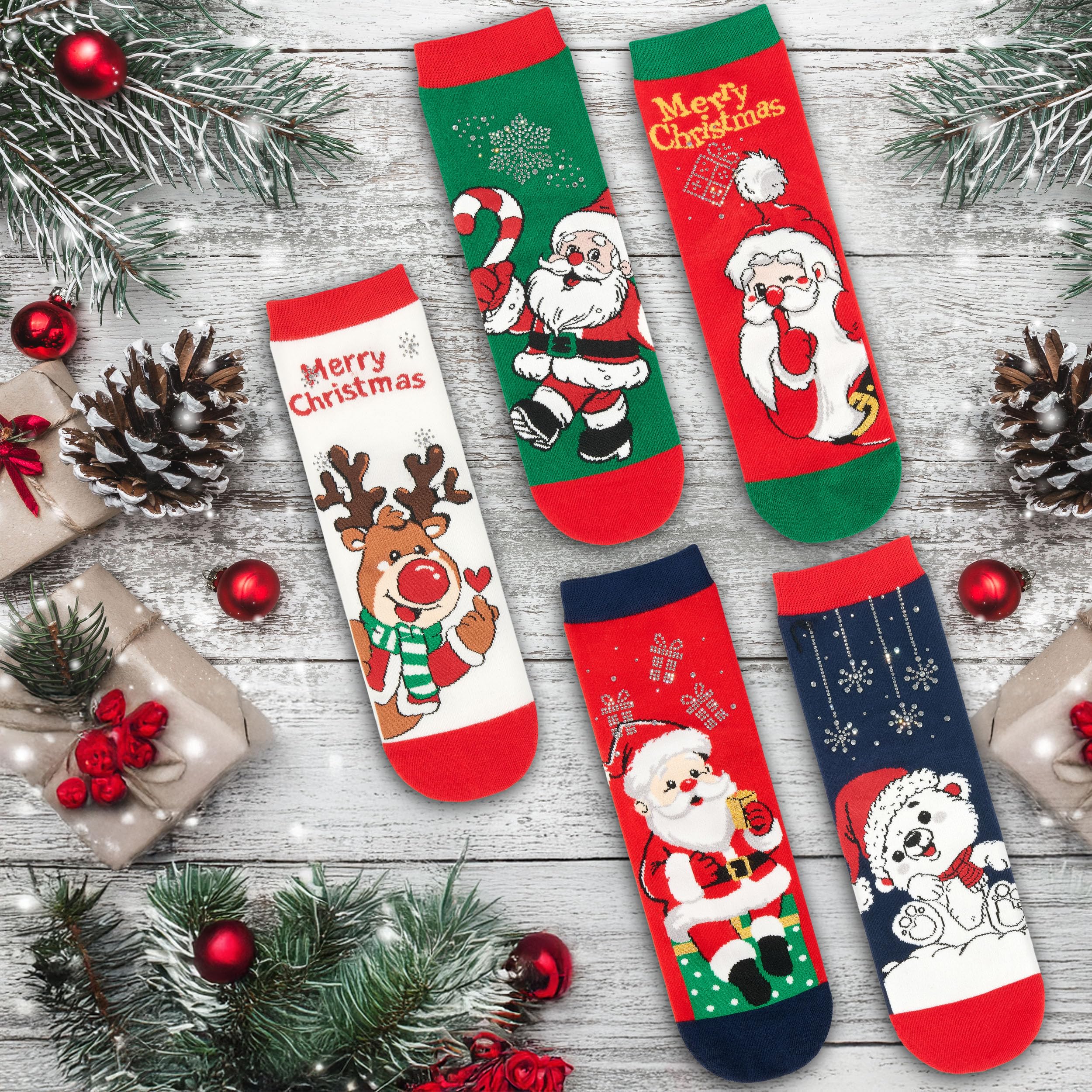 BRUBAKER 5 Par Skarpetek Świątecznych dla Pań - Merry Christmas - Zabawne Skarpety na Święta i Adwent w Świątecznym Stylu - Kolorowy Zestaw Skarpet - Ciepłe i Miękkie - Prezent dla Kobiet i Dziewczyn