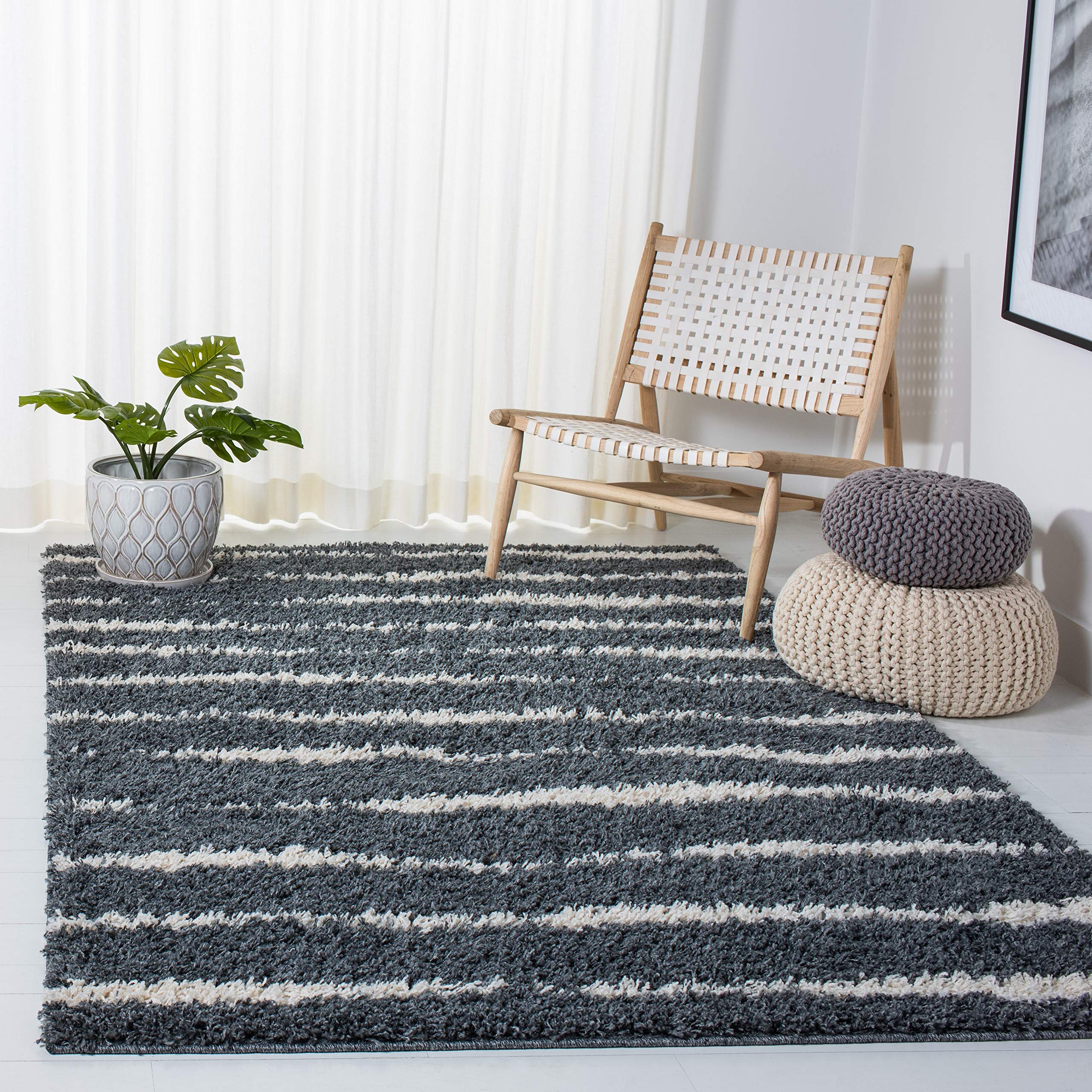 SAFAVIEH Venus Shag Collection Area Rug - 9' x 12', Dark Grey & Ivory, Stripe Design, Non-Shedding & Easy Care, 1.8-inch Thick Ideal for High Traffic