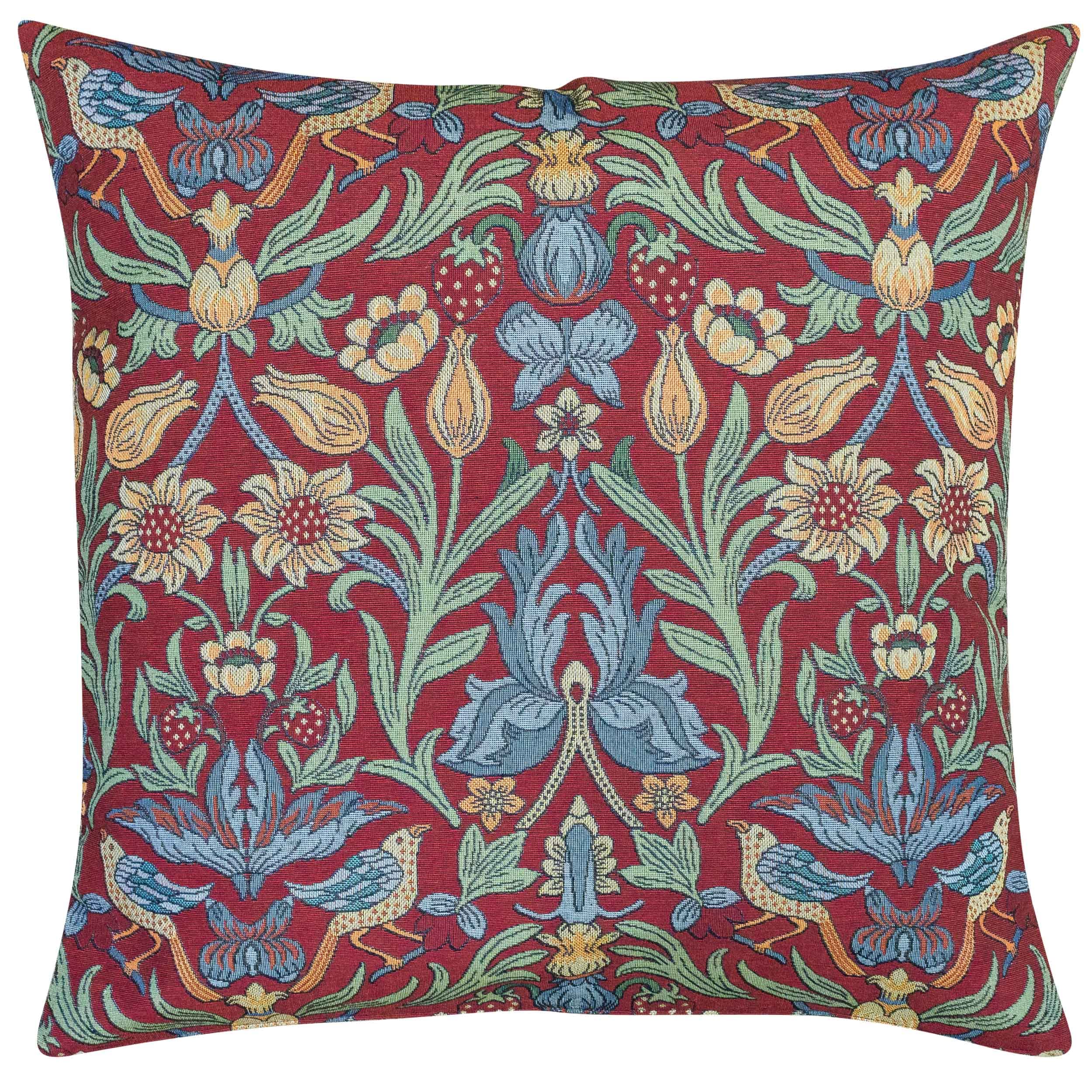 Linen Loft Red Manor Garden Tapestry Extra-Large Cushion Cover. Morris Style Heavyweight Tapestry Countryside Botanical Design In Bright Rouge. 23X23 Xl Square Cushion Cover Only