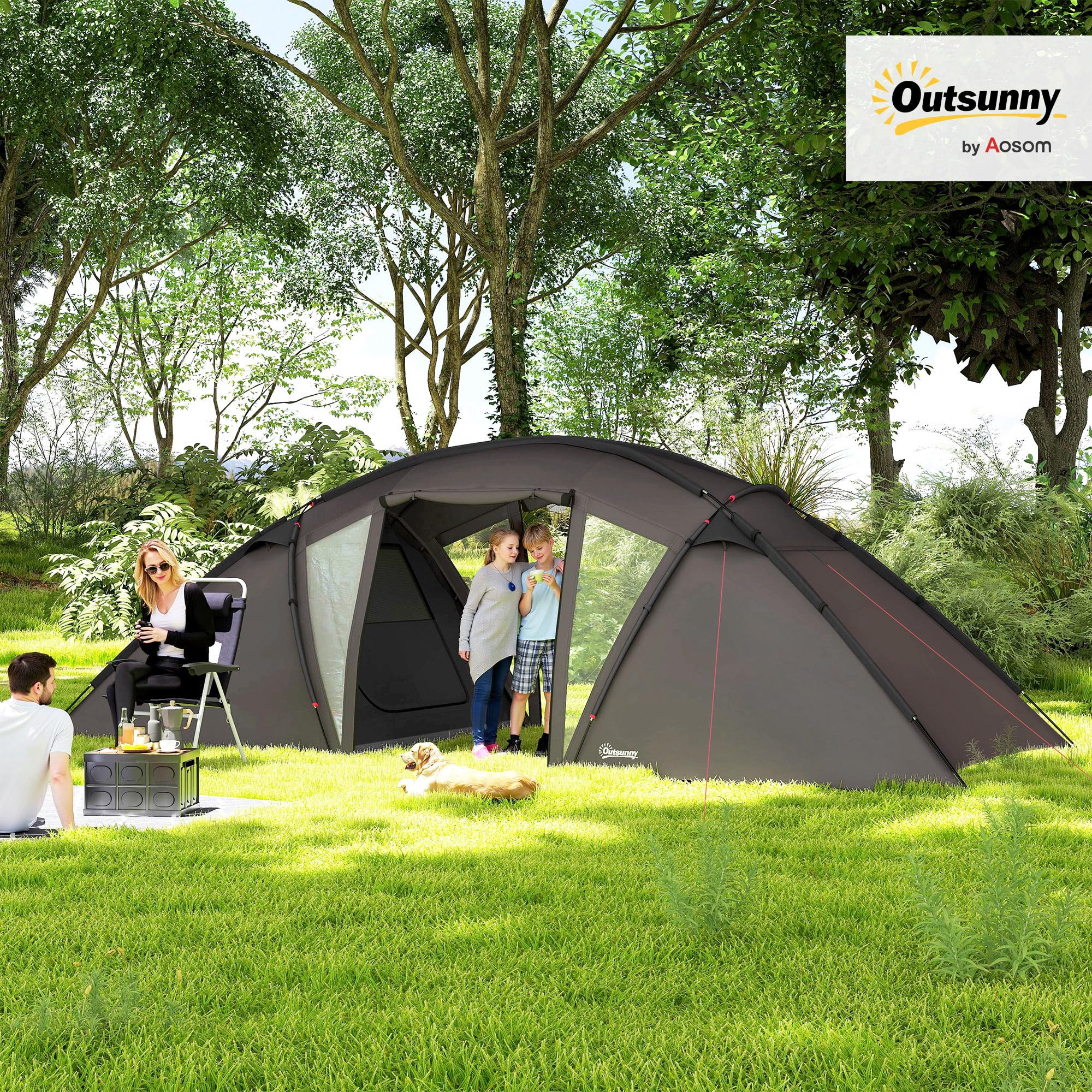 Outsunny Tente de Camping familiale pour 4-6 Personnes, Tente Tunnel imperméable 3000 mm avec 2 Portes, fenêtres, Sac de Transport, Tapis de Sol pour Camping Voyage randonnée Jardin, Noir
