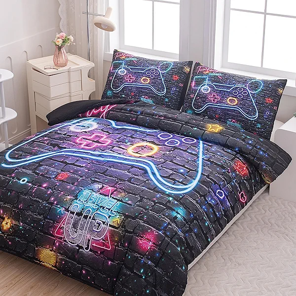 NINENINE Gaming Bedding Sets for Boys 5PCS Full Size Gaming Comforter Bed in A Bag Kids Teens Gaming Comforter Sets (1Comforter, 1Flat Sheet, 1Fitted Sheet, 2Pillowcases)
