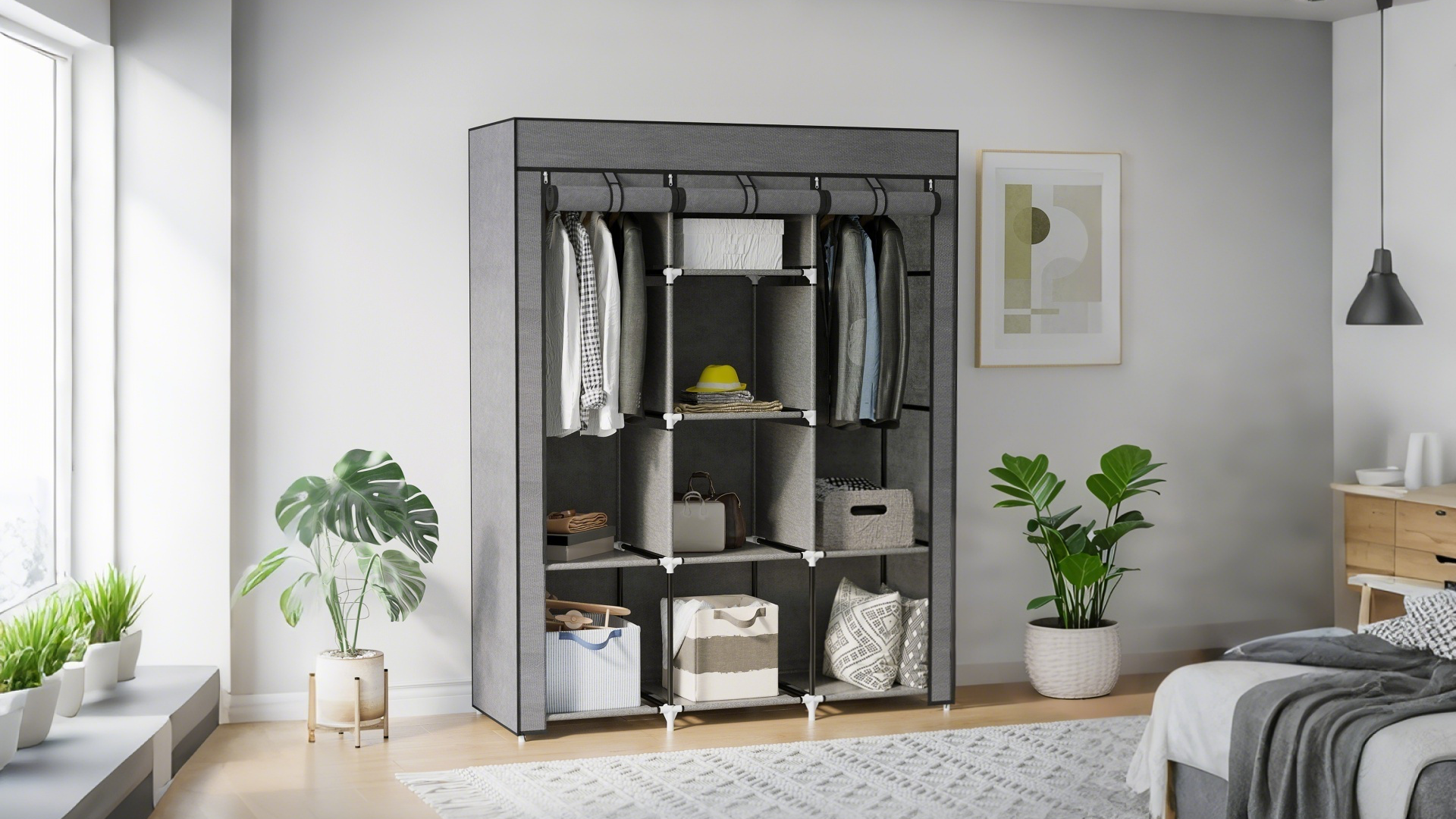 Penderie Autoportante Extra Large – 4 Barres + 6 étagères + Poches, Rangement Spacieux Pour Chambre Ou Dressing