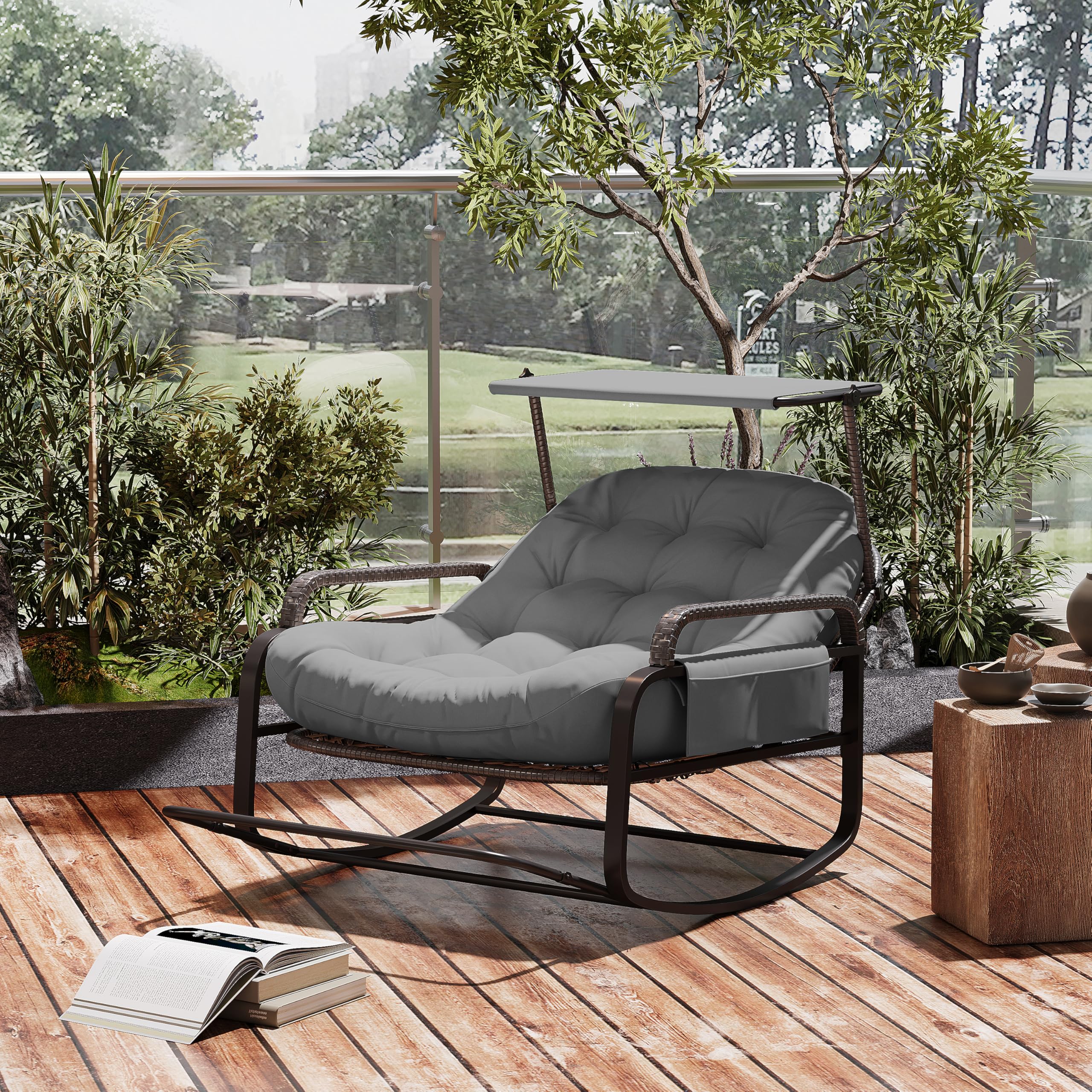Sillón mecedora exterior interior, silla de salón de ratán PE con cojín acolchado y toldos, mecedora para dormitorio, salón, jardín, terraza (gris)