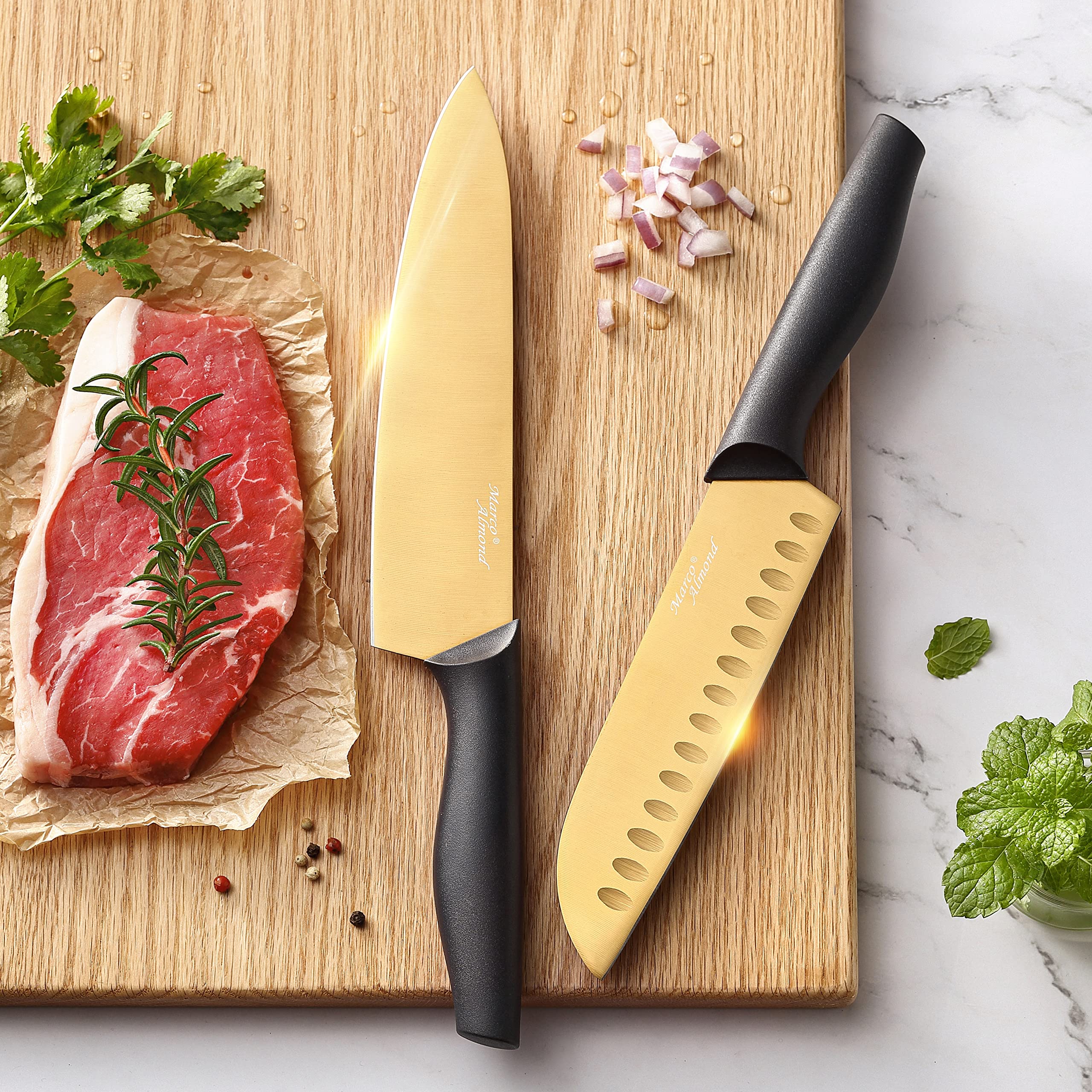 Marco Almond Golden Titanium Knife Set with Acrylic Stand, Kitchen