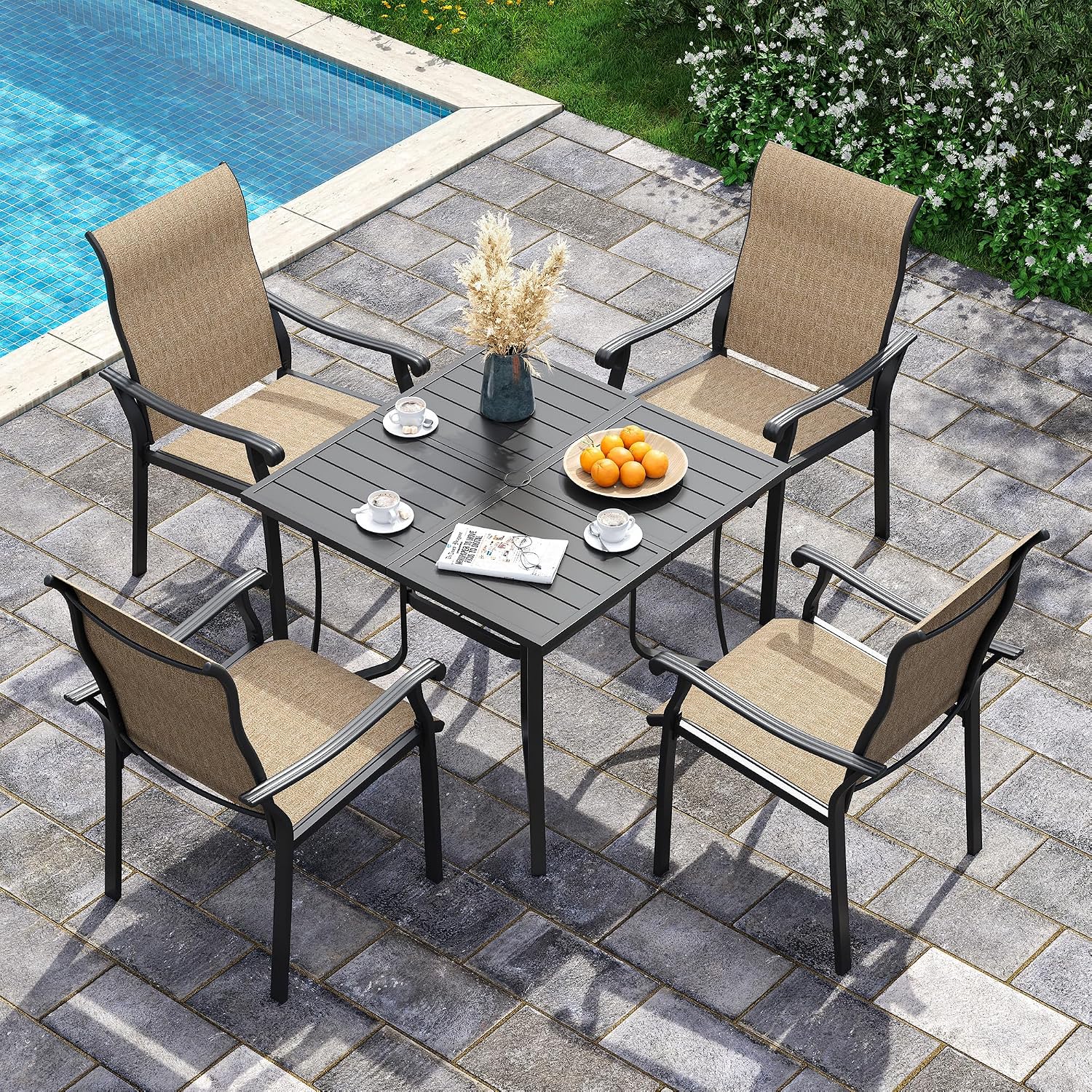UDPATIO 5 Piece Outdoor Patio Table and Chairs Set for 4, 37" Black Square Table with Umbrella Hole, Metal Brown Patio Chairs Set of 4, Patio Table with Chairs, Outdoor Patio Dining Set for Lawn