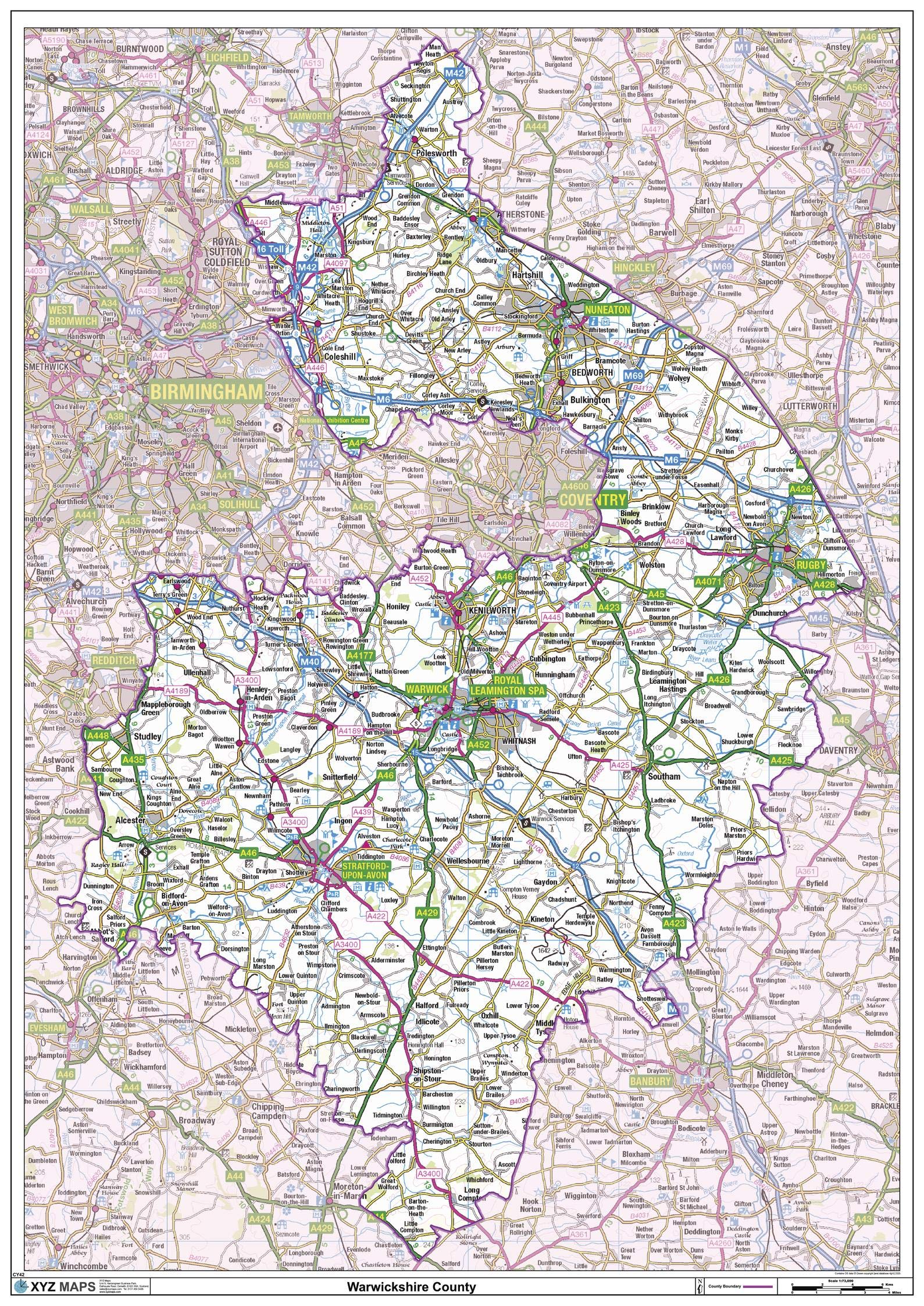 Warwickshire County Map - 33.25" x 47" Paper