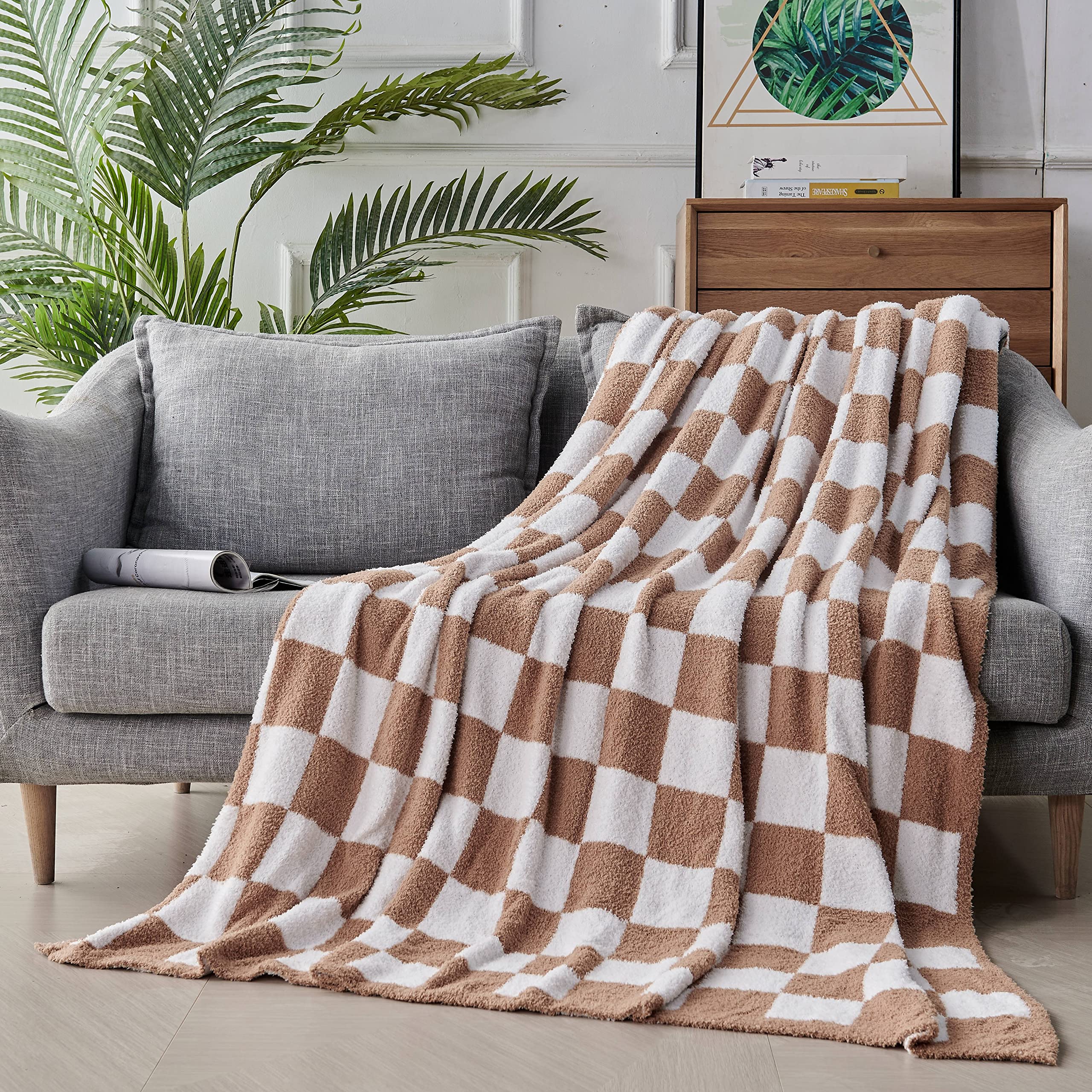 BRICHOEE Throw Blankets Checkered Reversible Microfiber Blankets, Super Soft Warm Cozy Fluffy Blankets for Couch Bed Sofa Camping Travel (Khaki, 60"x80")