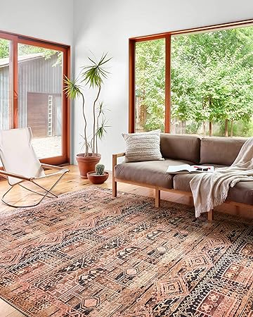 Loloi Layla Collection LAY-14 Mocha/Blush 7'-6" x 9'-6" .13" Thick Area Rug, Soft, Durable, Vintage Inspired, Distressed, Low Pile, Non-Shedding, Easy Clean, Printed, Living Room Rug