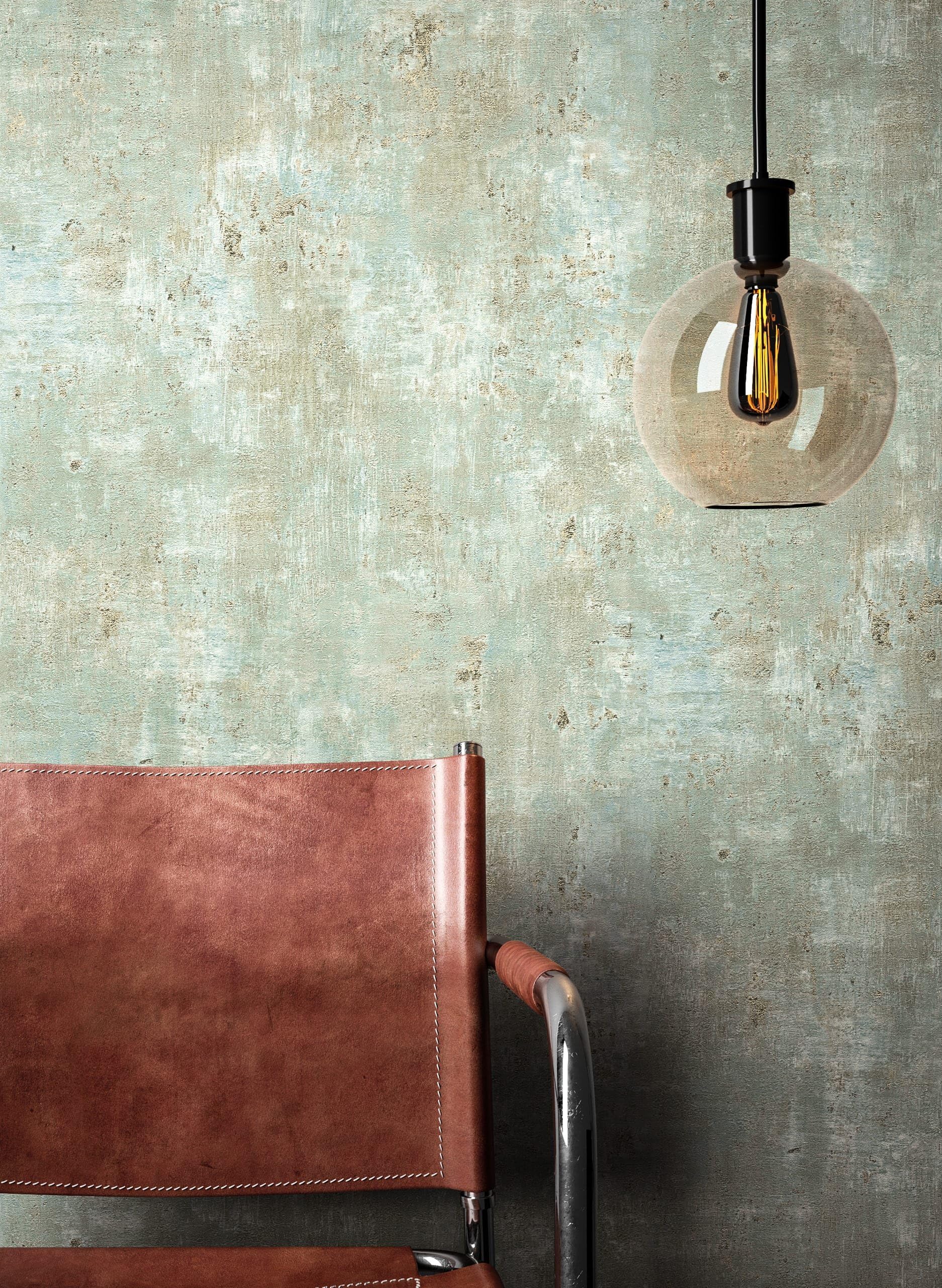 Newroom papel pintado verde efecto yeso metalizado salón | estuco envejecido con partículas doradas brillantes, tono salvia tornasolado, decoración boho natural, dormitorio, recibidor