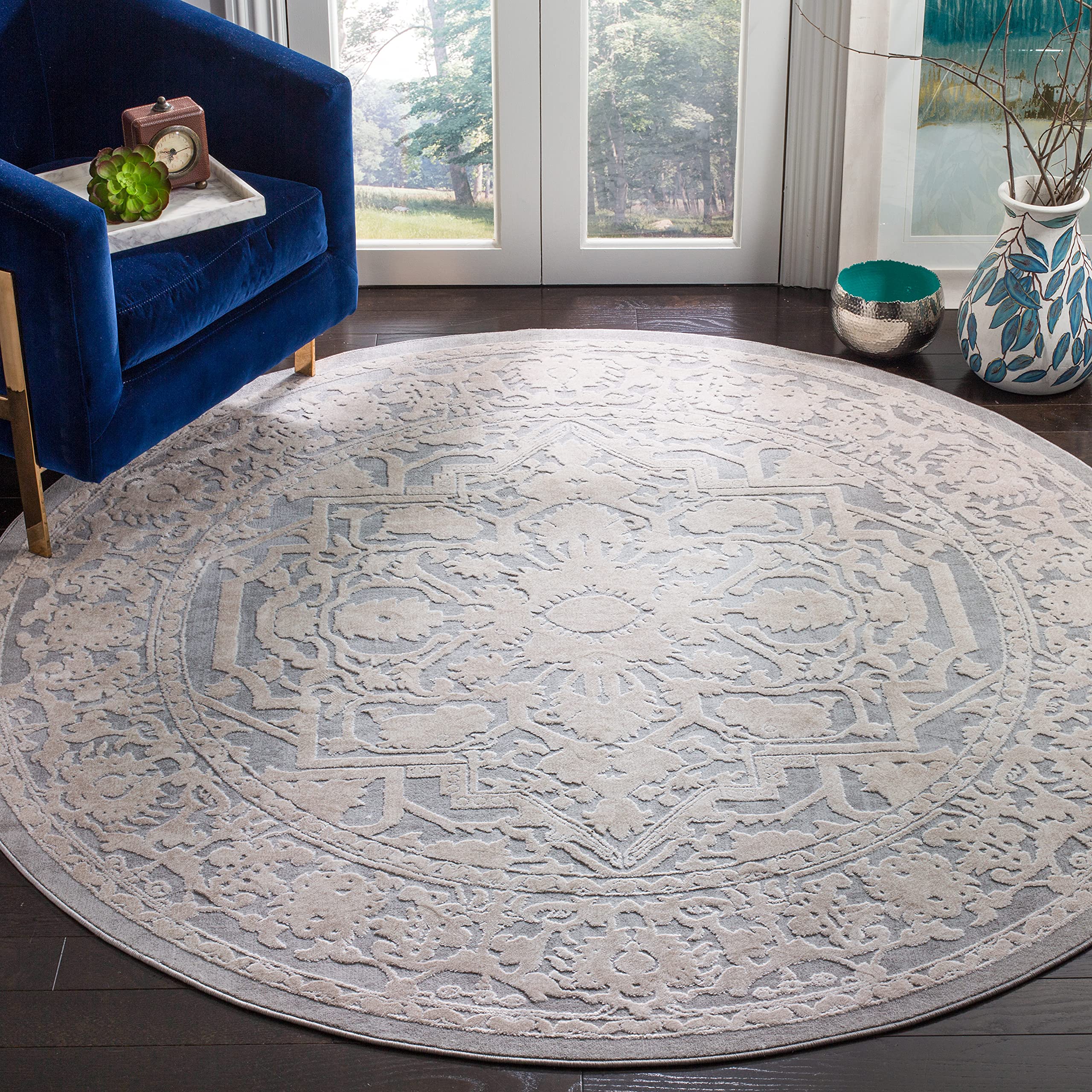 SAFAVIEH Reflection Collection Area Rug - 6'7" Round, Light Grey & Cream, Non-Shedding & Easy Cleaning, Ideal for Living Room, Bedroom (RFT665C)