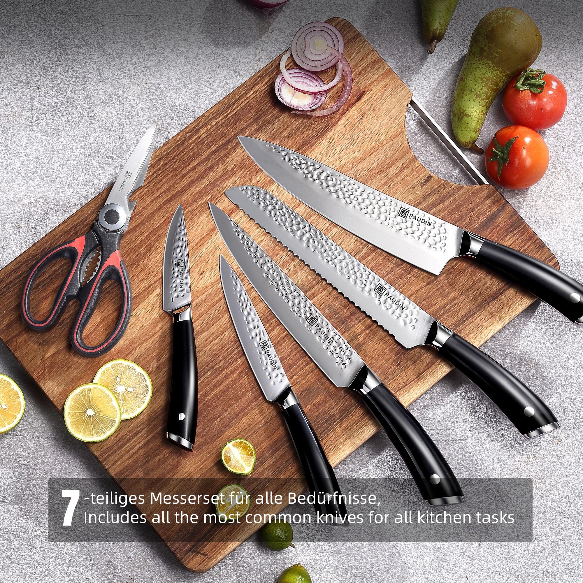 PAUDIN Bloque de cuchillos cuchillo, Juego de cuchillos de 7 piezas inoxidable al carbono juego de cuchillos de cocina profesionales, tijeras y bloque de madera, mangos ergonómicos