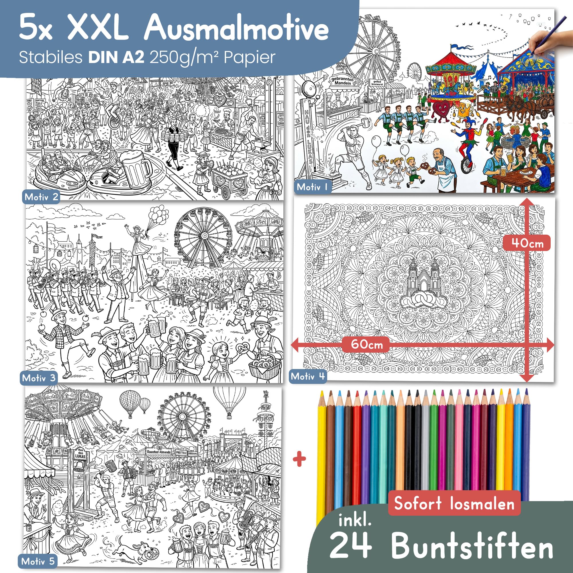 5 x plakat XXL do kolorowania z 24 kredkami, jarmark dla dzieci