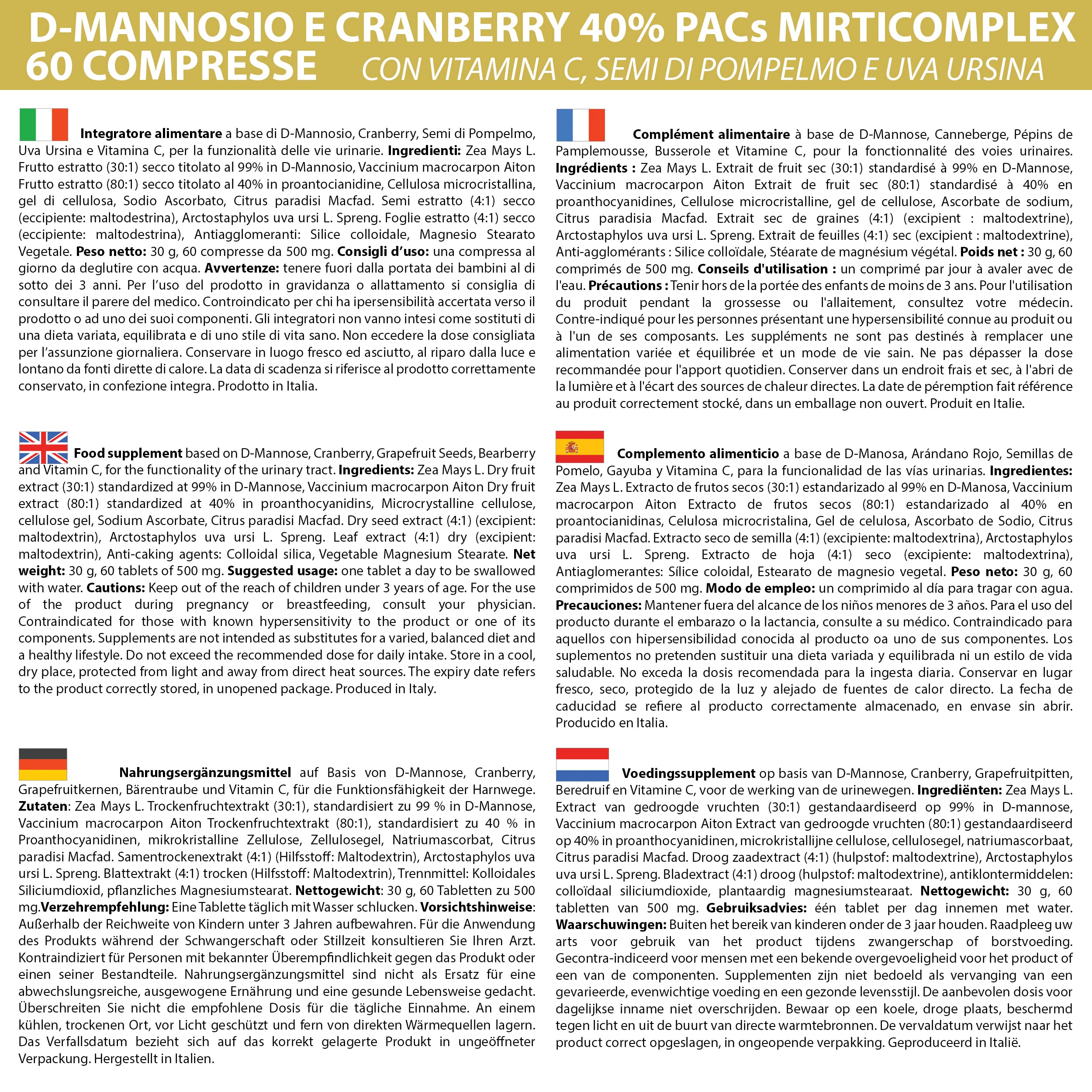 D - Mannosio e Cranberry 40% PAC Mirti Complex con Semi di Pompelmo, Uva Ursina e Vitamina C | 60 compresse 1 al dì | Mirtillo Rosso ad Alto Dosaggio