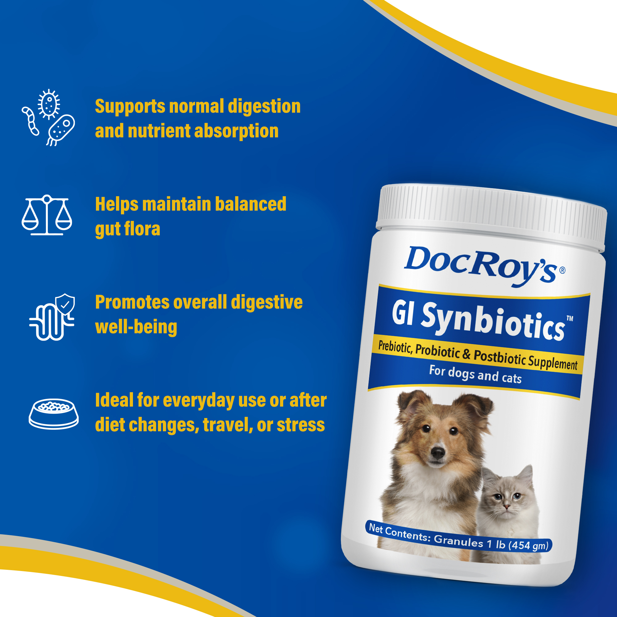 Doc Roy's GI Synbiotics Probiotic & Prebiotic Granules for Dogs & Cats, Digestive & Immune Health Supplement with Live Cultures, BgMOS & Beta Glucans, Chicken Flavor, 454g Granules : Pet
