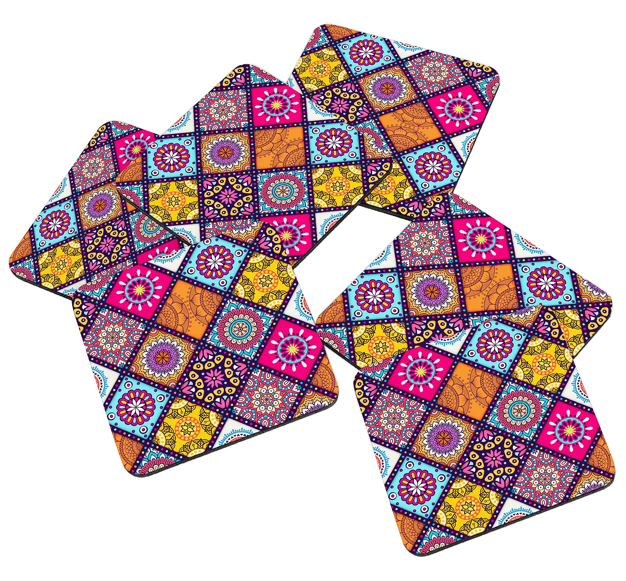 FA6 Mandala Designer Wood Coasters Multicolor 4 Inch Square Printed Coaster for Home Kitchen, Office, Dining Table, Set of 6
