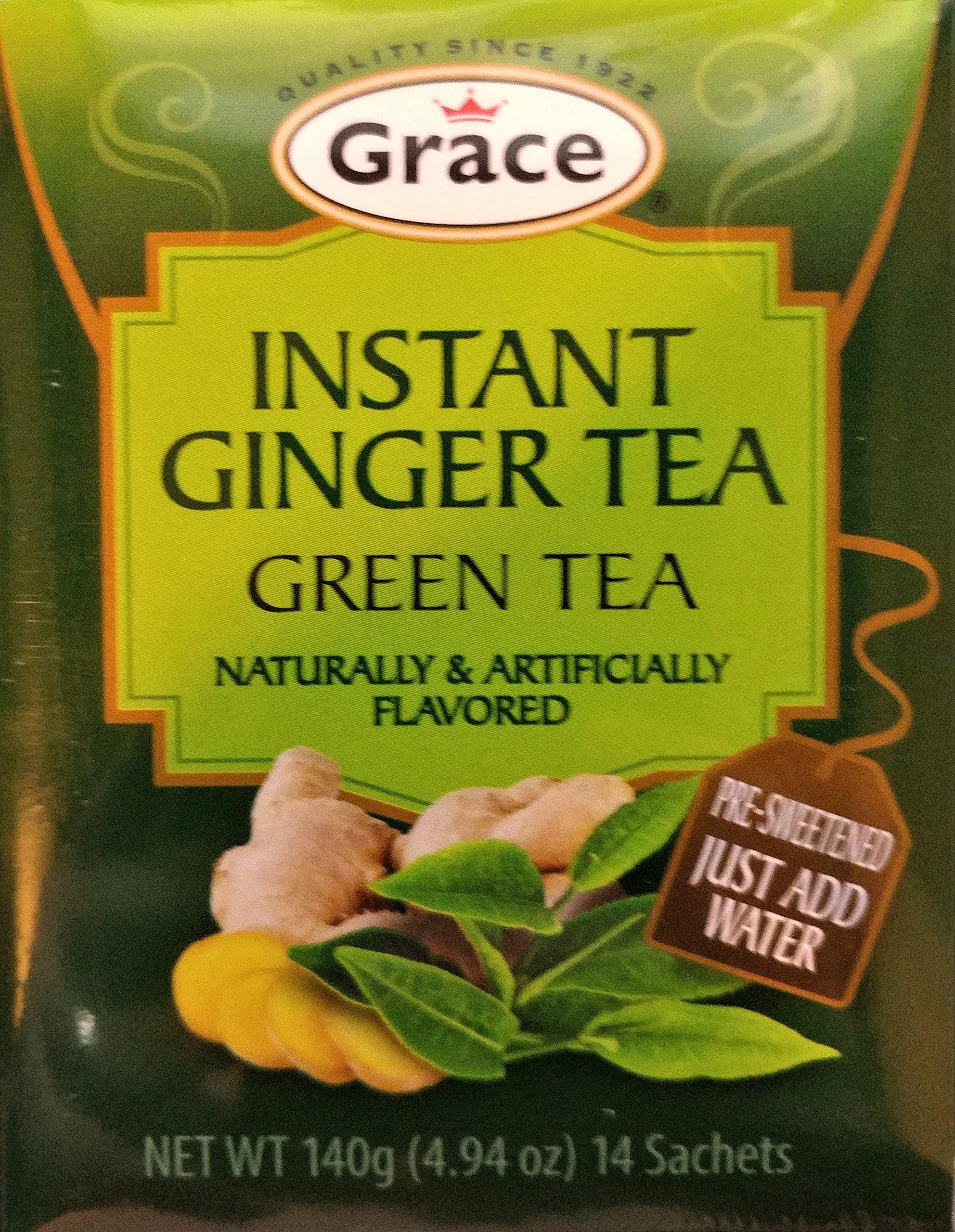 Grace Instant Ginger Pre-Sweetened Green Tea with Ginger 4.94 oz - Pure Green Tea Leaves - 14 Count