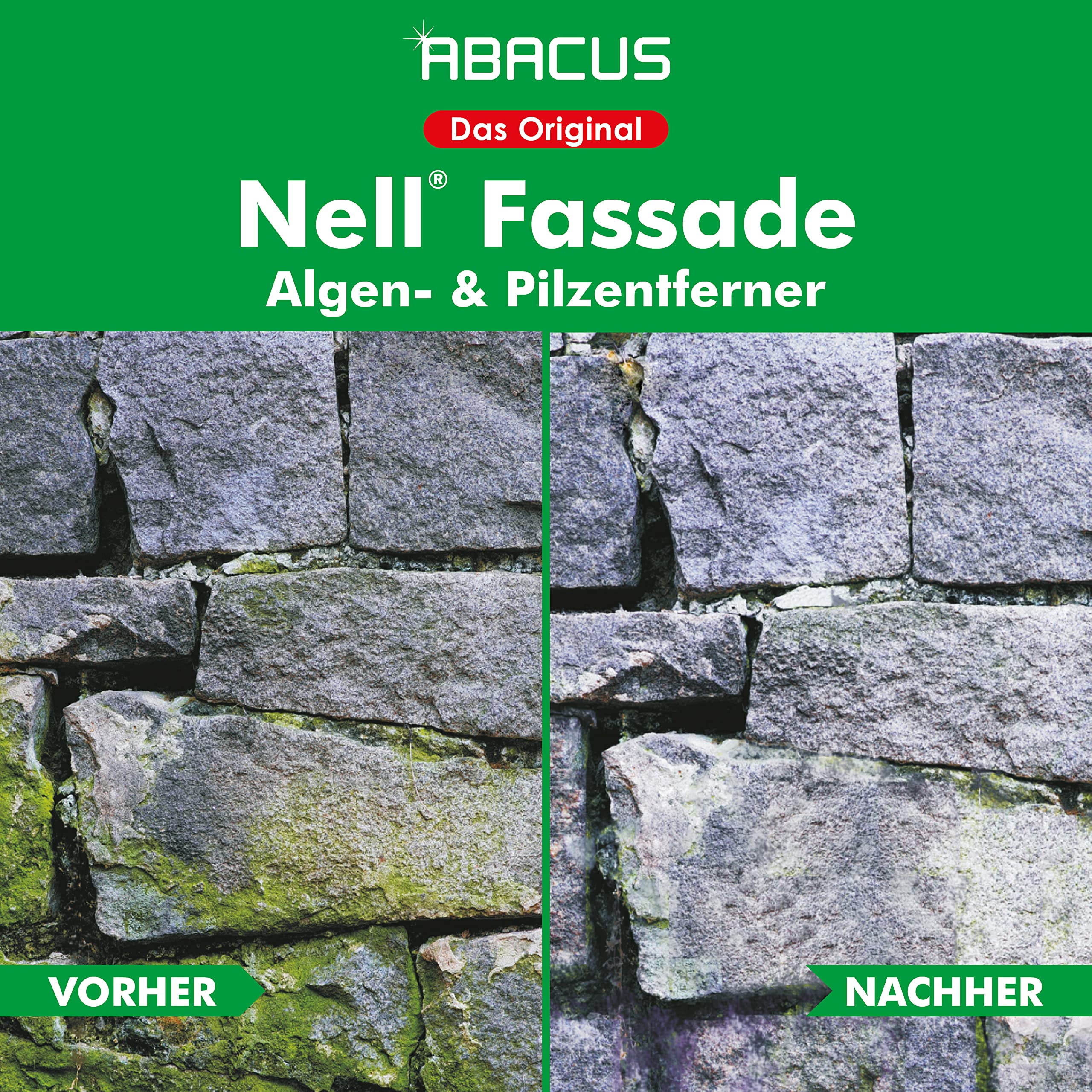 ABACUS® Fassadenreiniger, Grünbelagentferner für Fassaden, Putz & Hauswände – Entfernt selbsttätig Pilze, Flechten & Algen von Fassaden – Nur 0,1L pro m², Nell Fassade 25 Liter (7429)