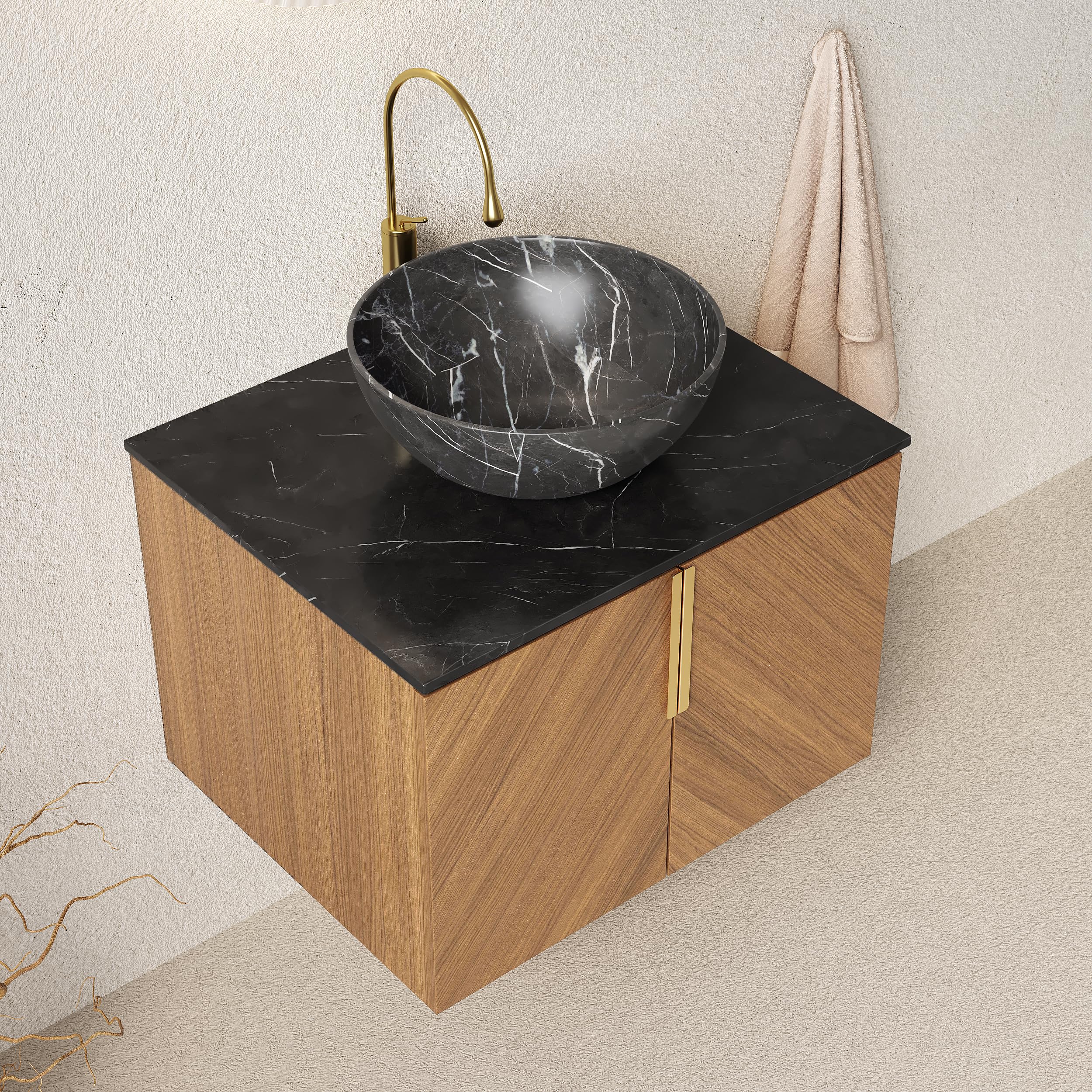 Mobile Lavabo Bagno Sospeso con Ceramica e Pietra Sinterizzata, Ante Doppie Soft Close con Ampio Spazio, Mobile Bagno Sospeso, Lavabo in Ceramica Nera, Nero ed Effetto Legno Espresso, 61x50x55 cm