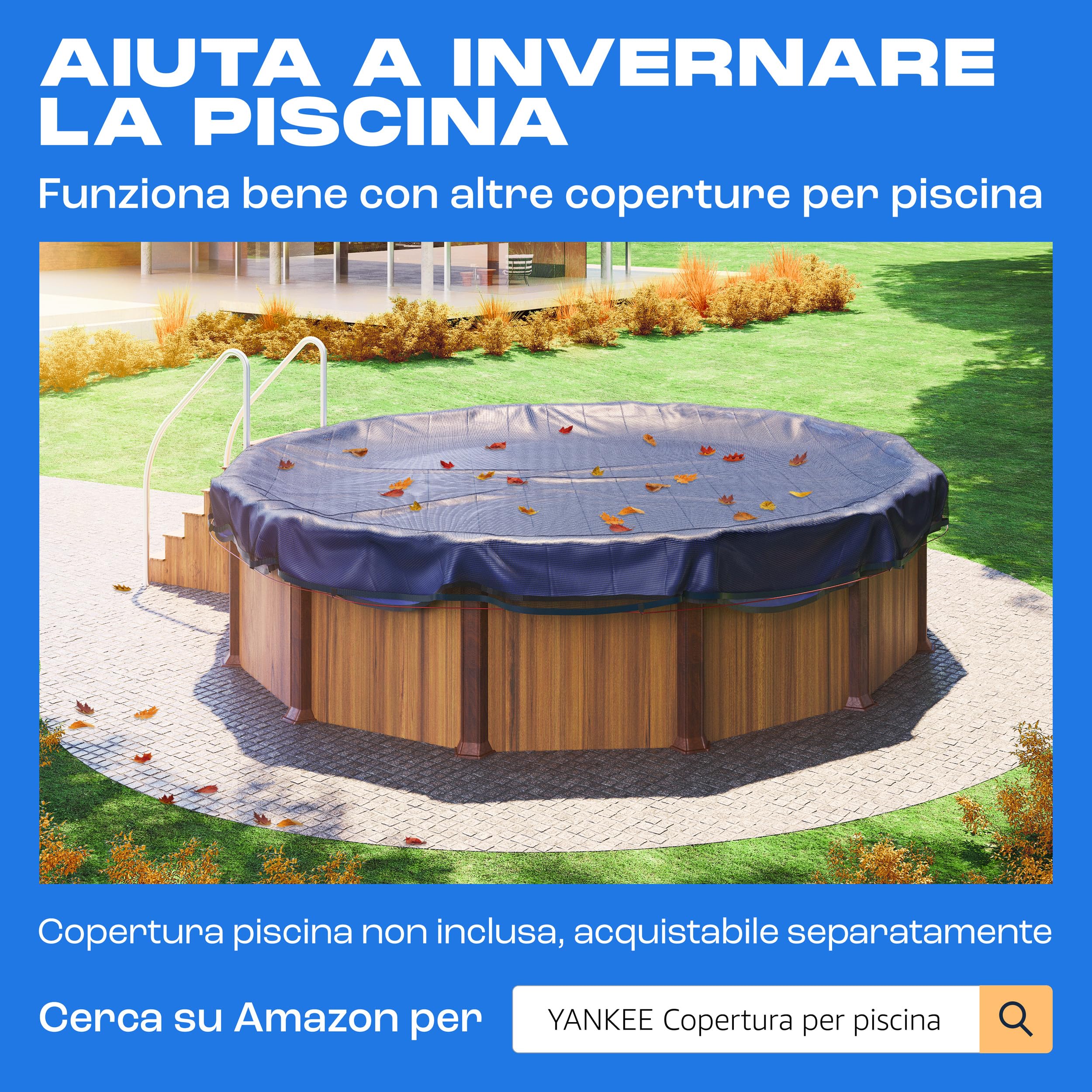 Yankee - Rete per foglie per piscina, rotonda, in rete, 0,4 cm, copertura per piscina fuori terra, previene foglie e detriti, rete resistente anti-intasamento (690-730 cm (Ø850cm))