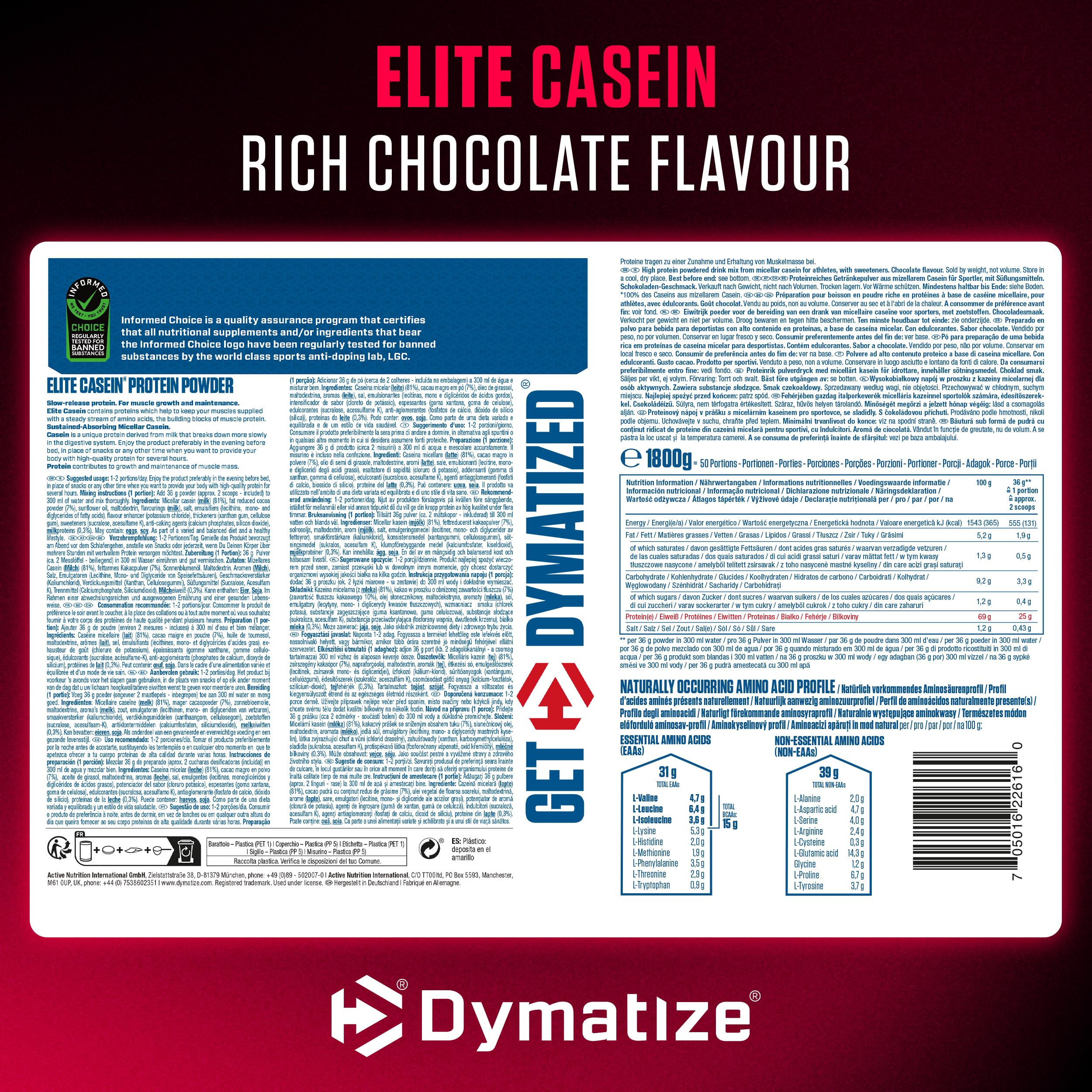 Dymatize Elite Proteína de Caseína en Polvo Sabor Chocolate Intenso 1800g – Caseína de Liberación Lenta con BCAAs